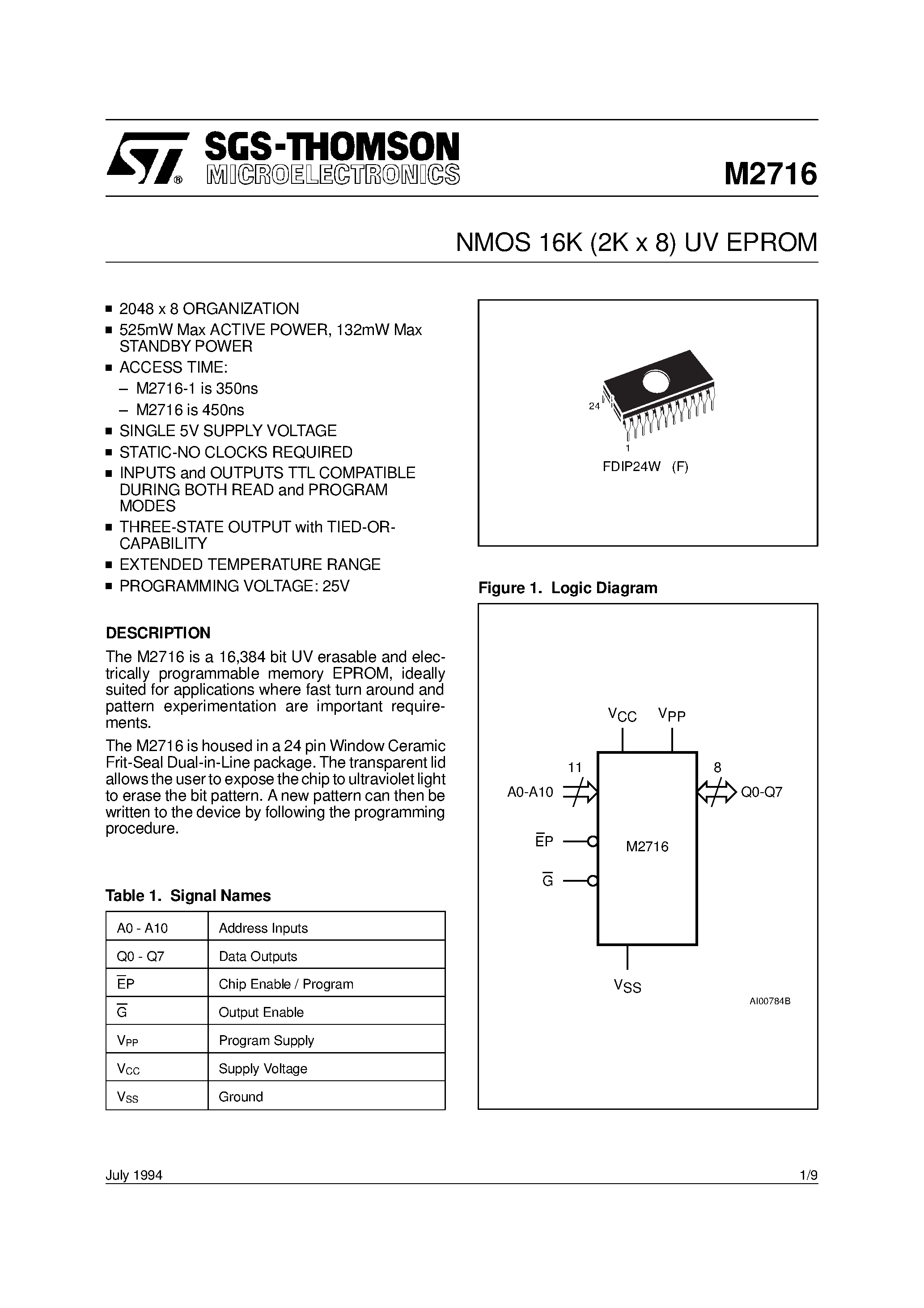 Datasheet M2716 - NMOS 16K 2K x 8 UV EPROM page 1