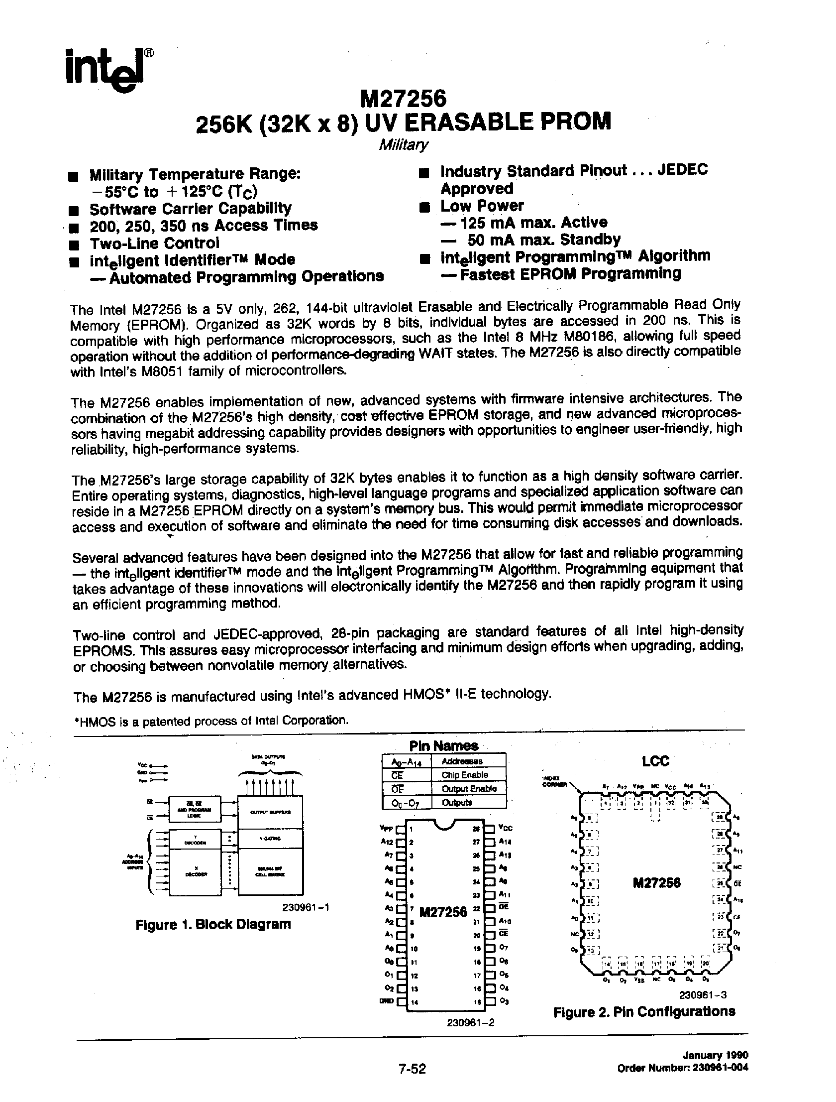 Datasheet M27256-20 - 256K(32K x 8) UV ERASABLE PROM page 1