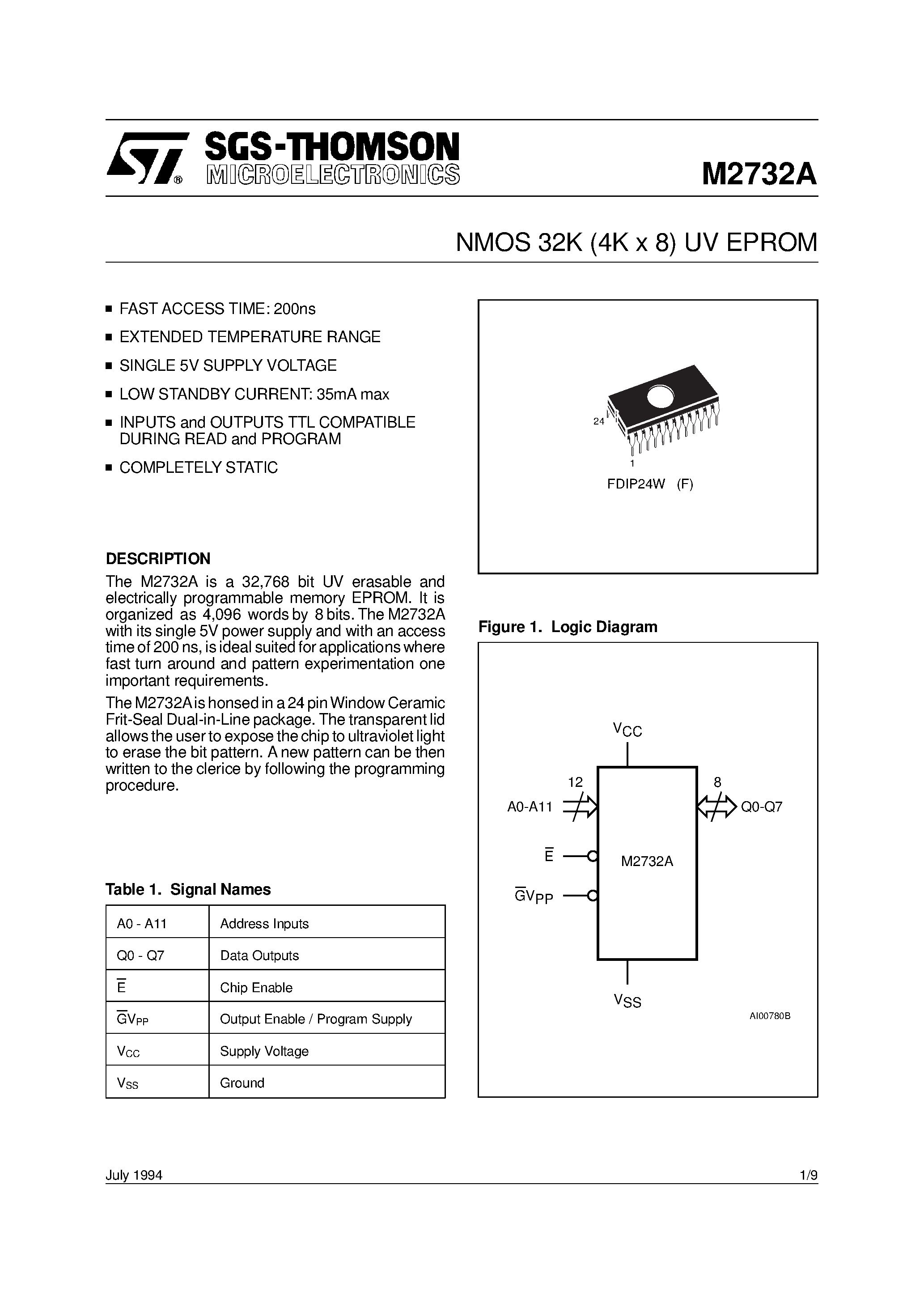 Datasheet M2732A page 1 Datasheet M2732A - NMOS 32K 4K x 8 UV EPROM page 1