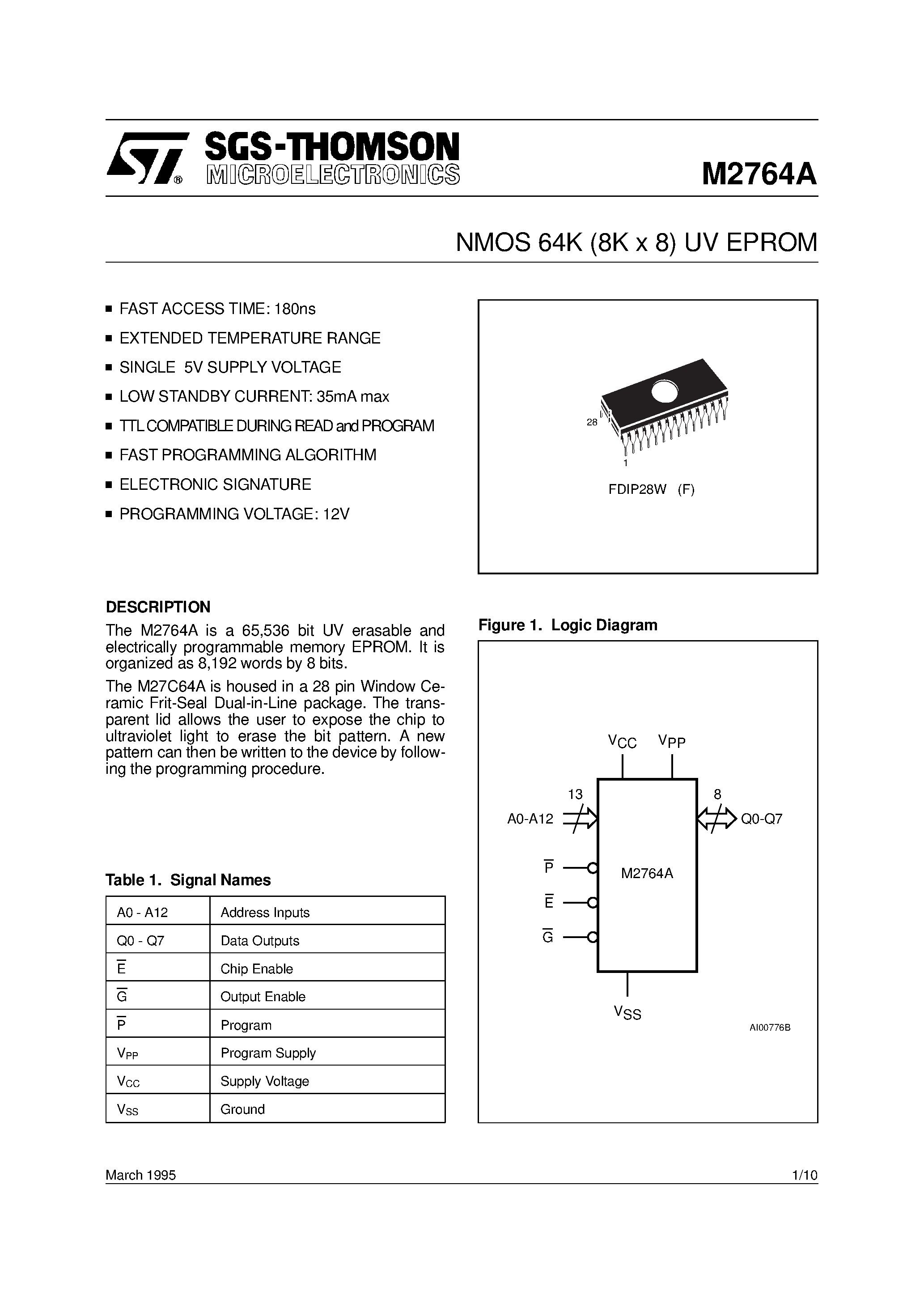 Datasheet M2764A - NMOS 64K 8K x 8 UV EPROM page 1