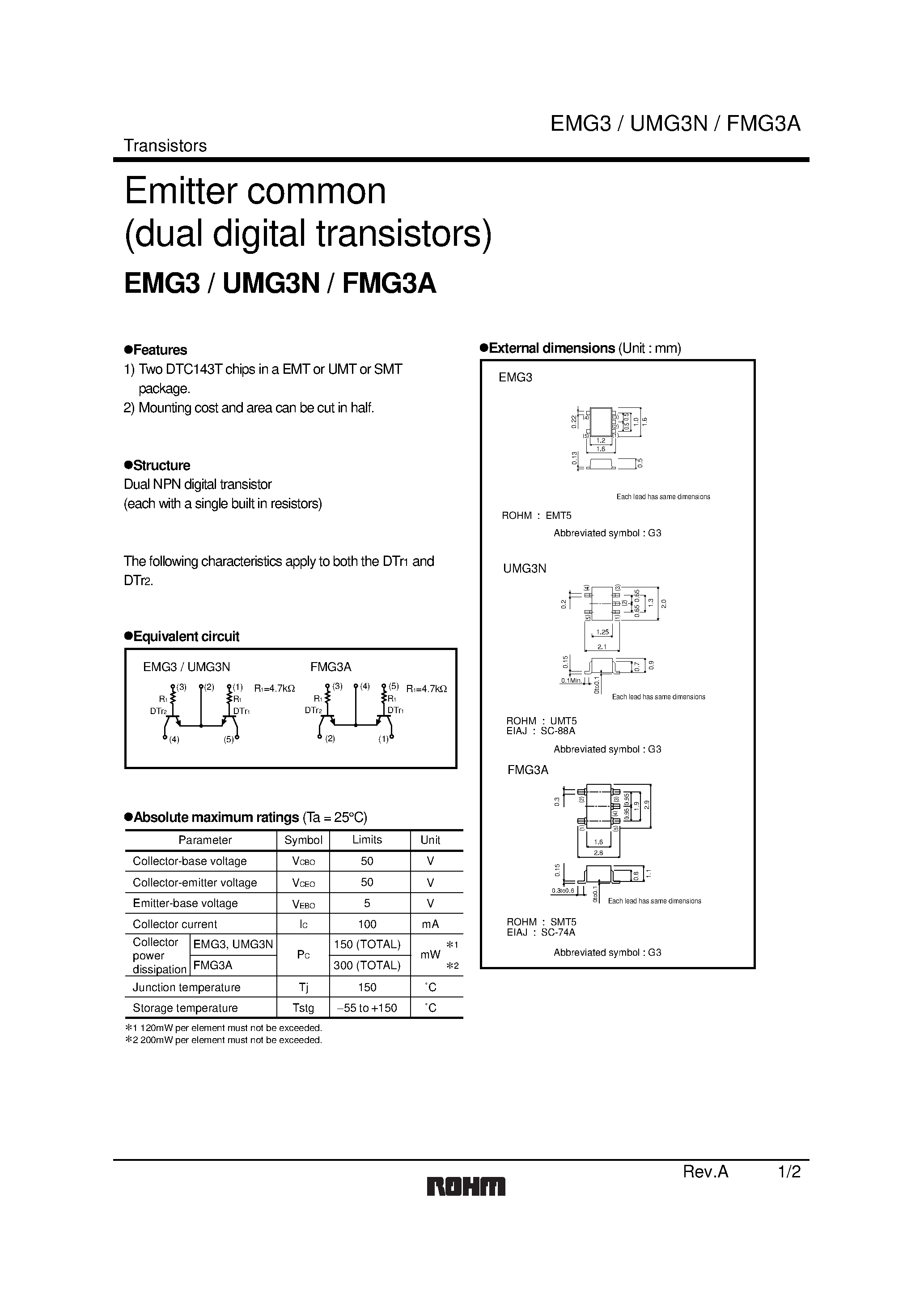 Даташит FMG3A - Emitter common (dual digital transistors) страница 1