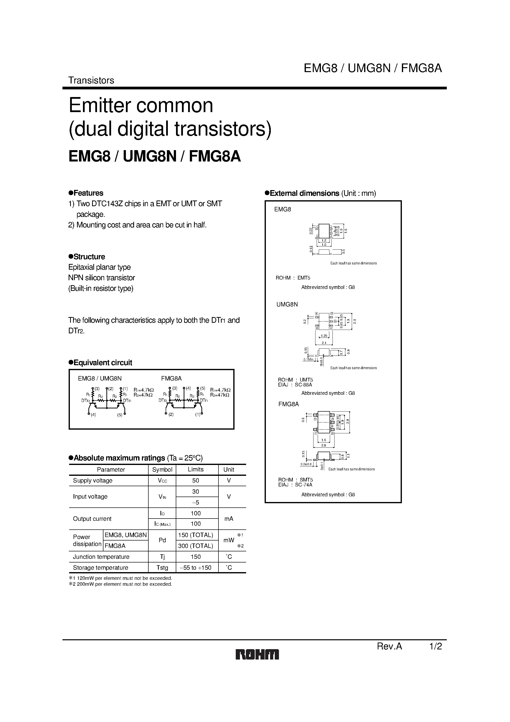 Даташит на микросхему FMG8A страница 1 Даташит FMG8A - Emitter common (dual digital transistors) страница 1