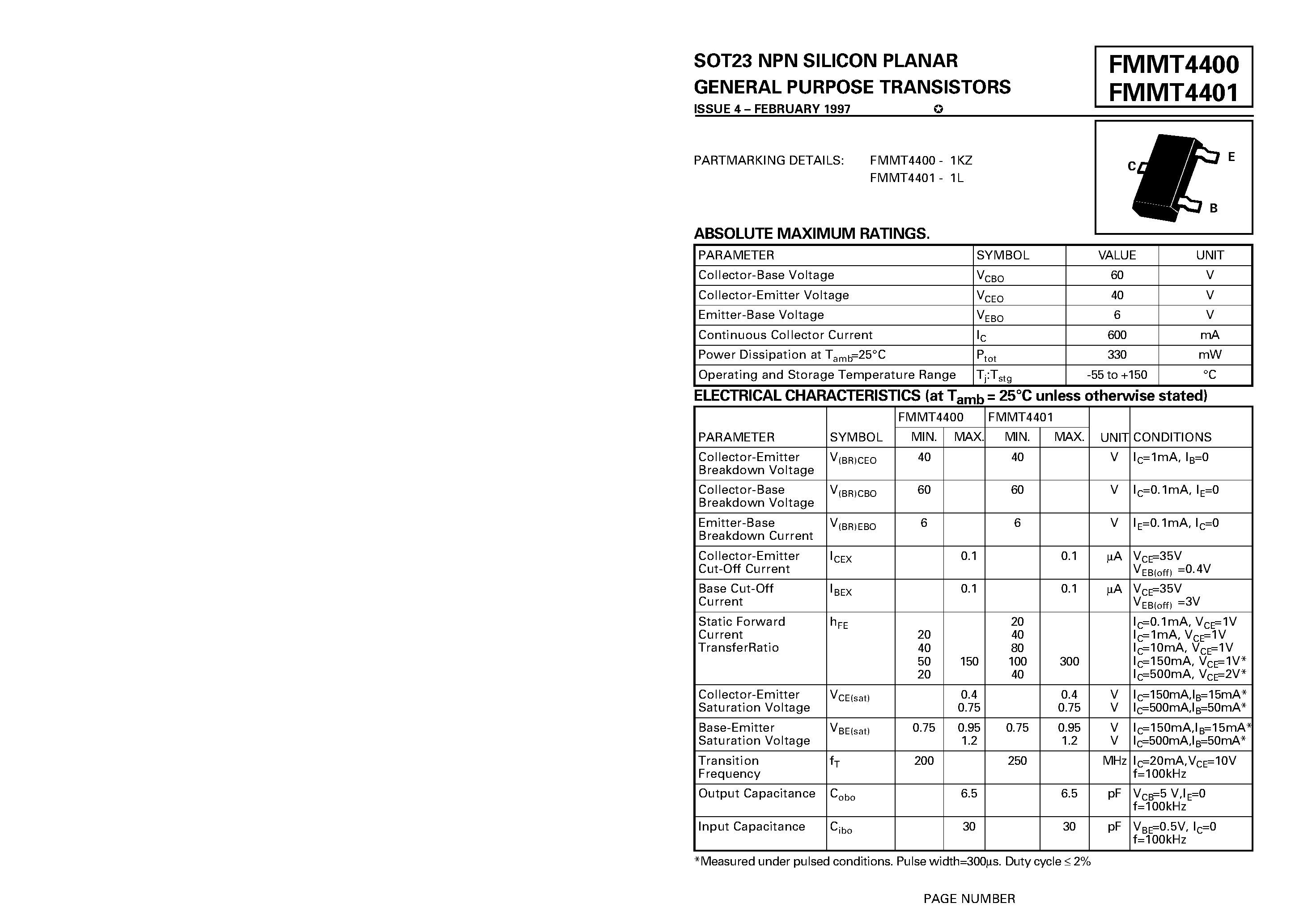 Datasheet FMMT4400-1KZ - SOT23 NPN SILICON PLANAR GENERAL PURPOSE TRANSISTORS page 1