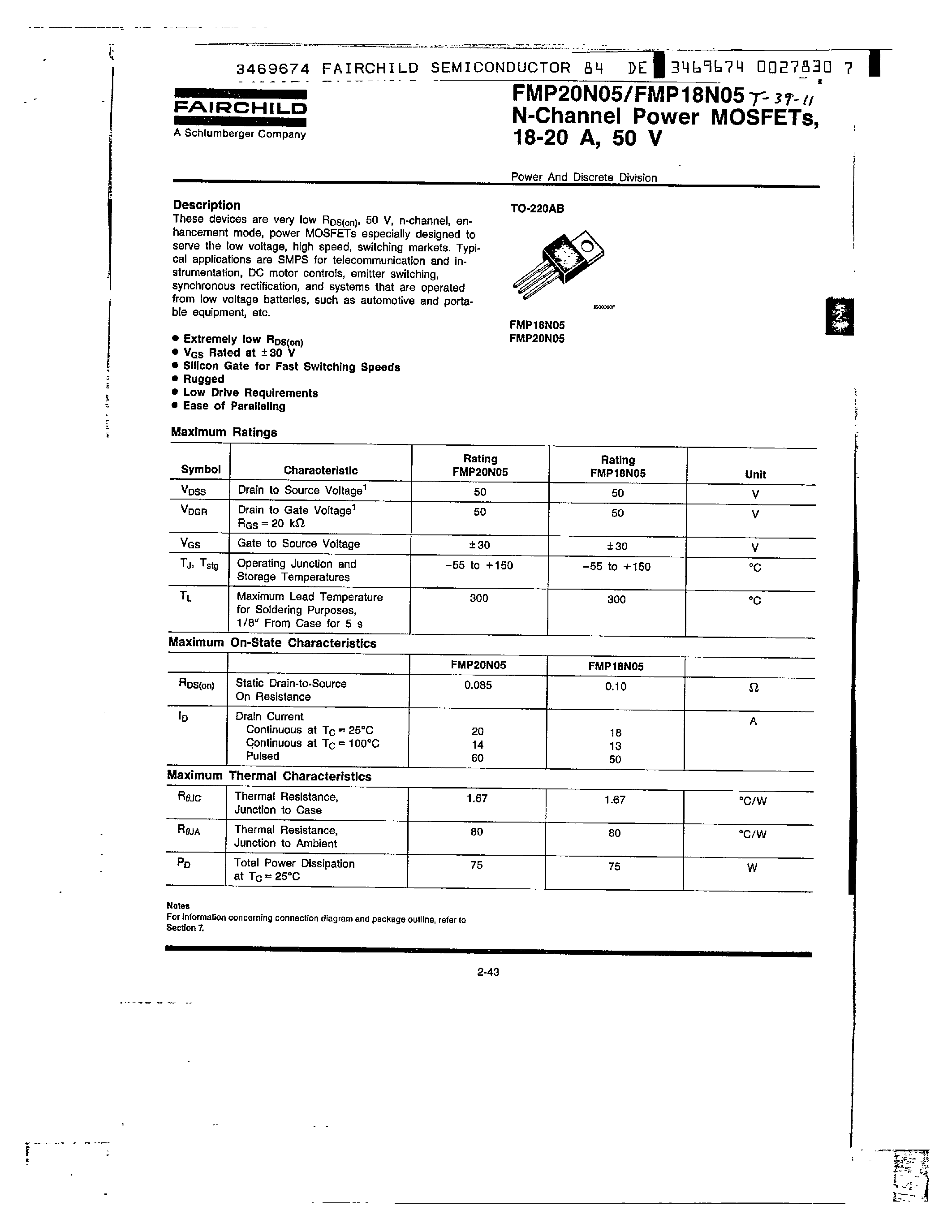 Datasheet FMP20N05 - N-Channel Power MOSFETs/ 18-20 A/ 50 V page 1