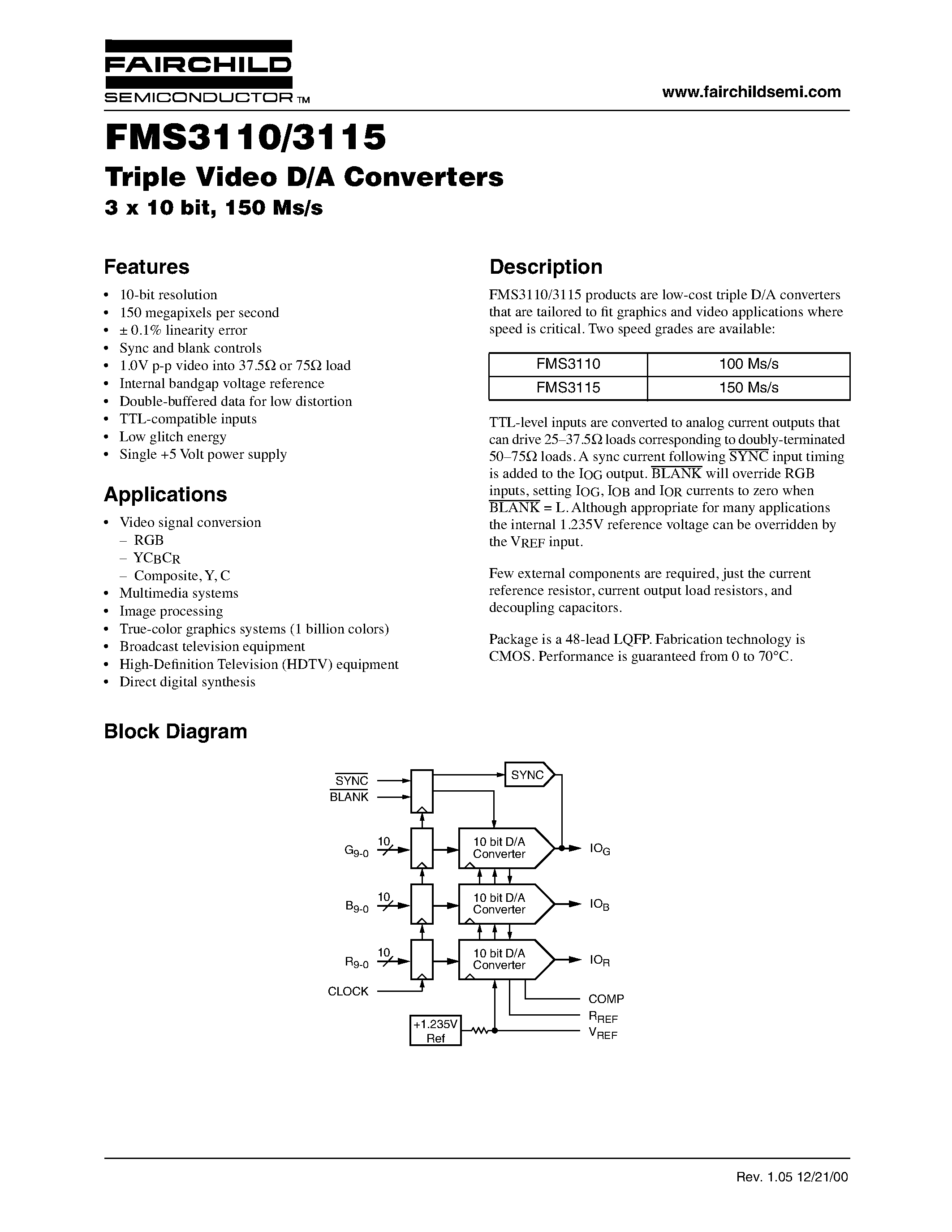 Datasheet FMS3110 - Triple Video D/A Converters 3 x 10 bit/ 150 Ms/s page 1
