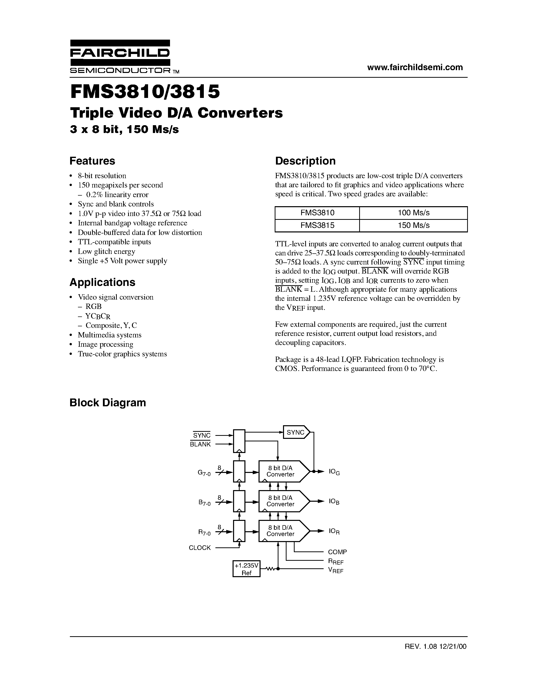 Datasheet FMS3815KRC - Triple Video D/A Converters 3 x 8 bit/ 150 Ms/s page 1