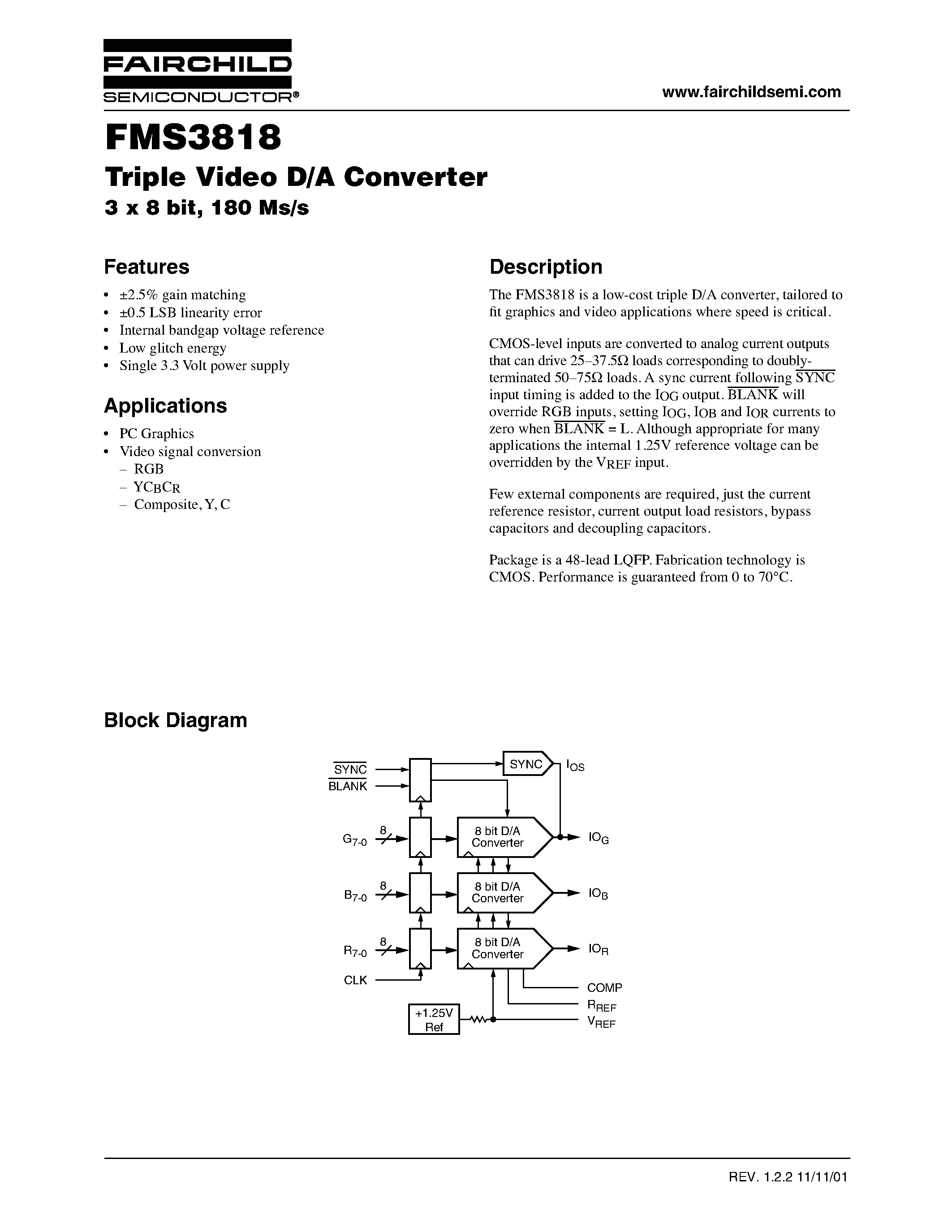 Datasheet FMS3818KRC - Triple Video D/A Converter 3 x 8 bit/ 180 Ms/s page 1