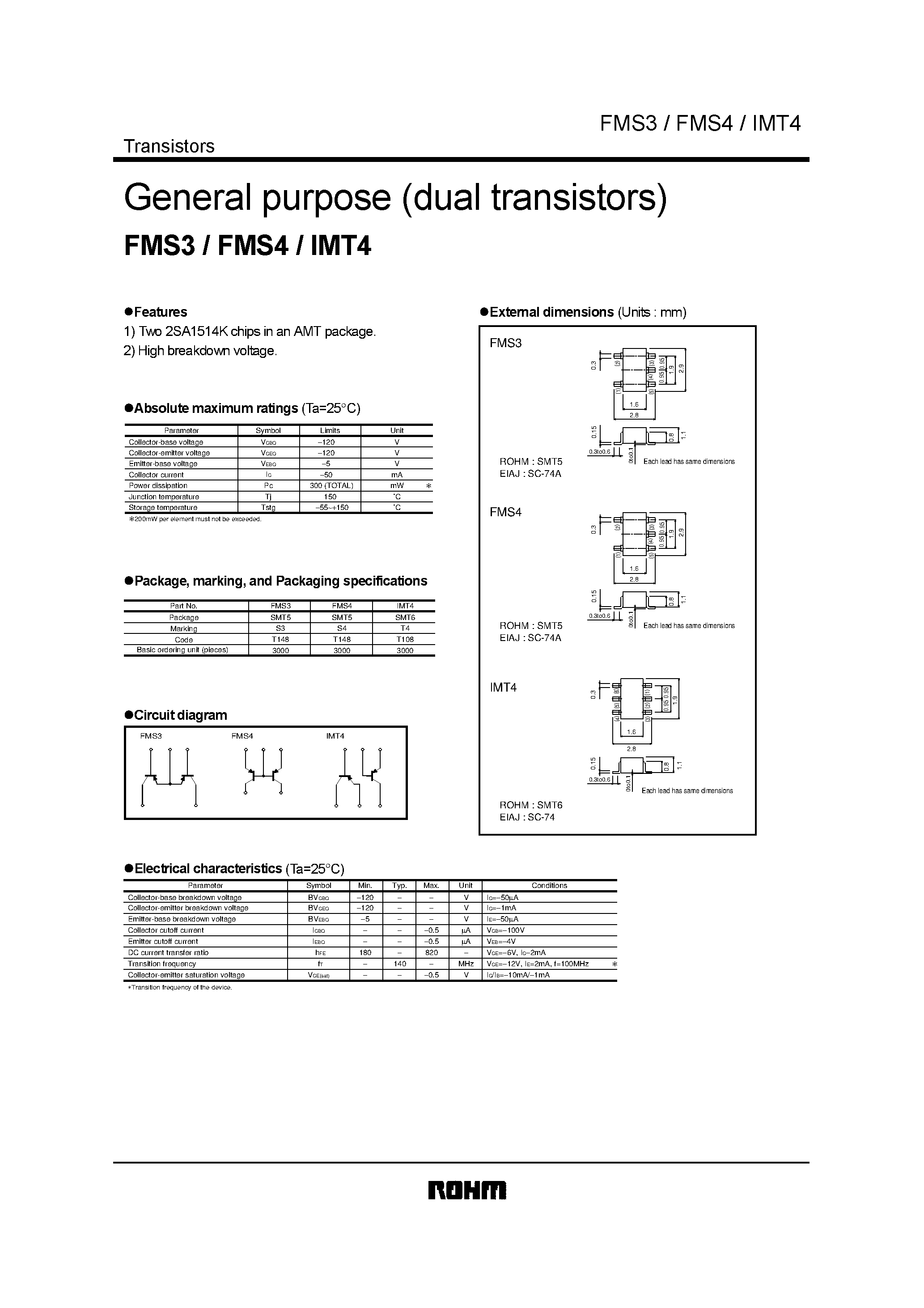 Даташит на микросхему FMS4 страница 1 Даташит FMS4 - General purpose (dual transistors) страница 1