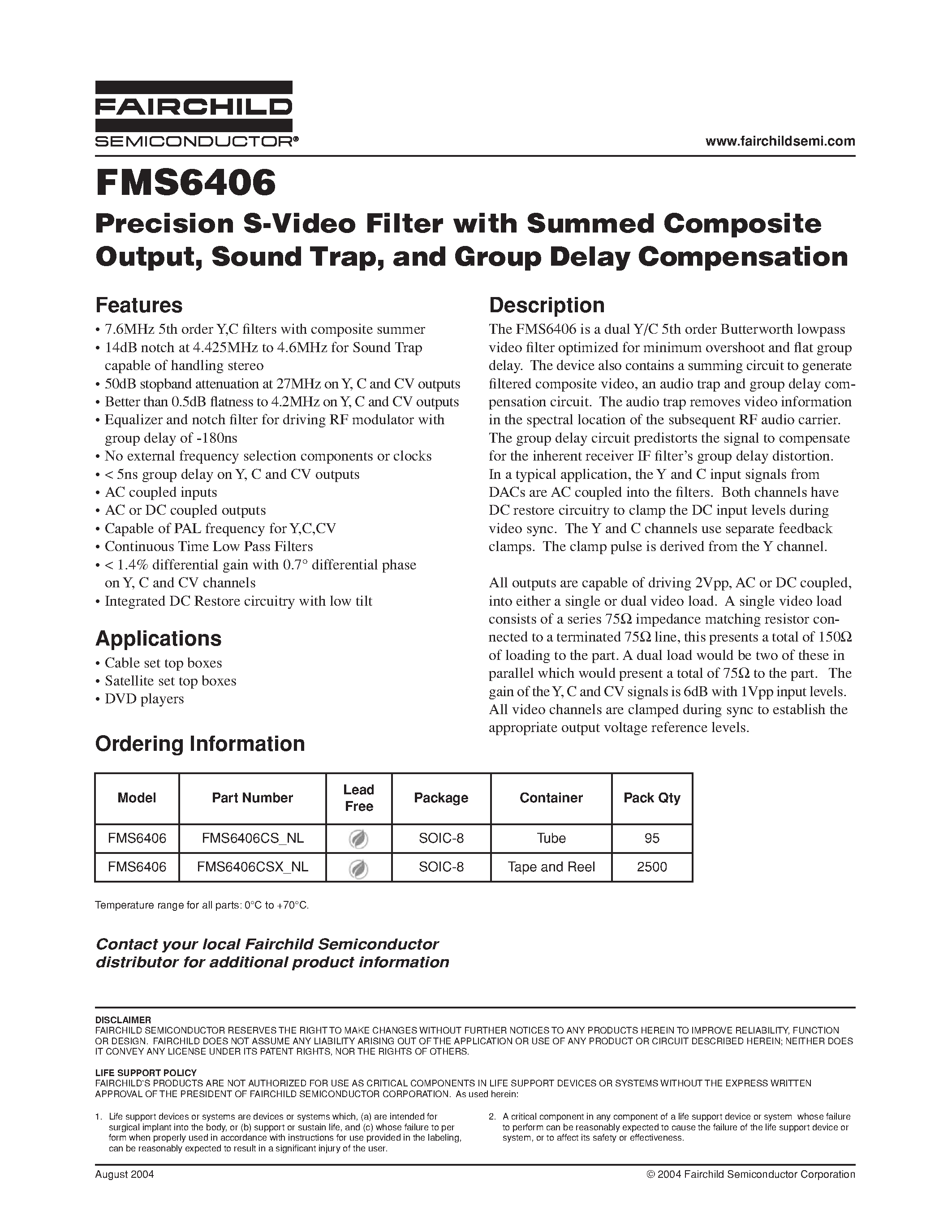 Datasheet FMS6406CSX_NL - Precision S-Video Filter with Summed Composite Output/ Sound Trap/ and Group Delay Compensation page 1