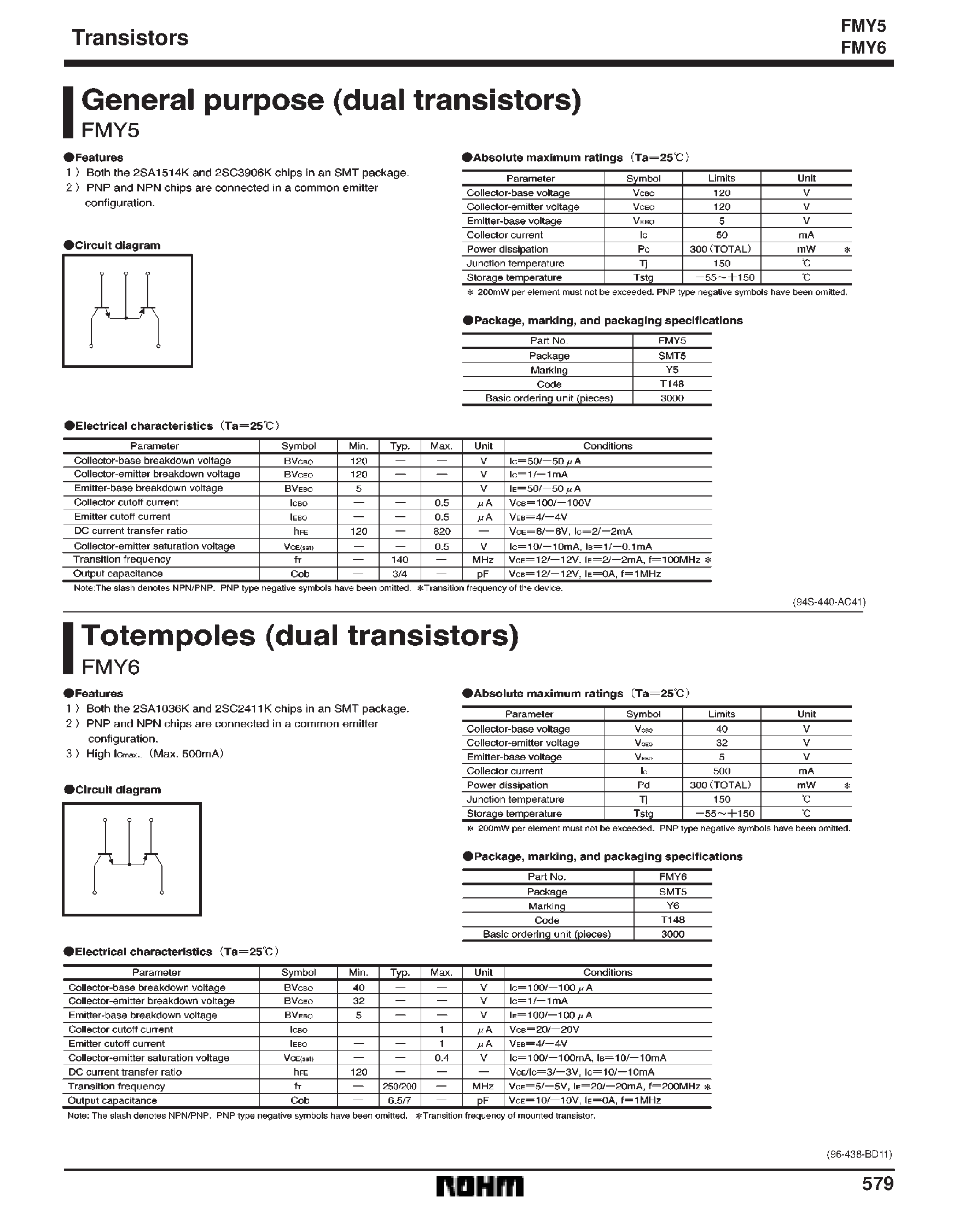 Даташит на микросхему FMY5 страница 1 Даташит FMY5 - General purpose (dual transistors) страница 1
