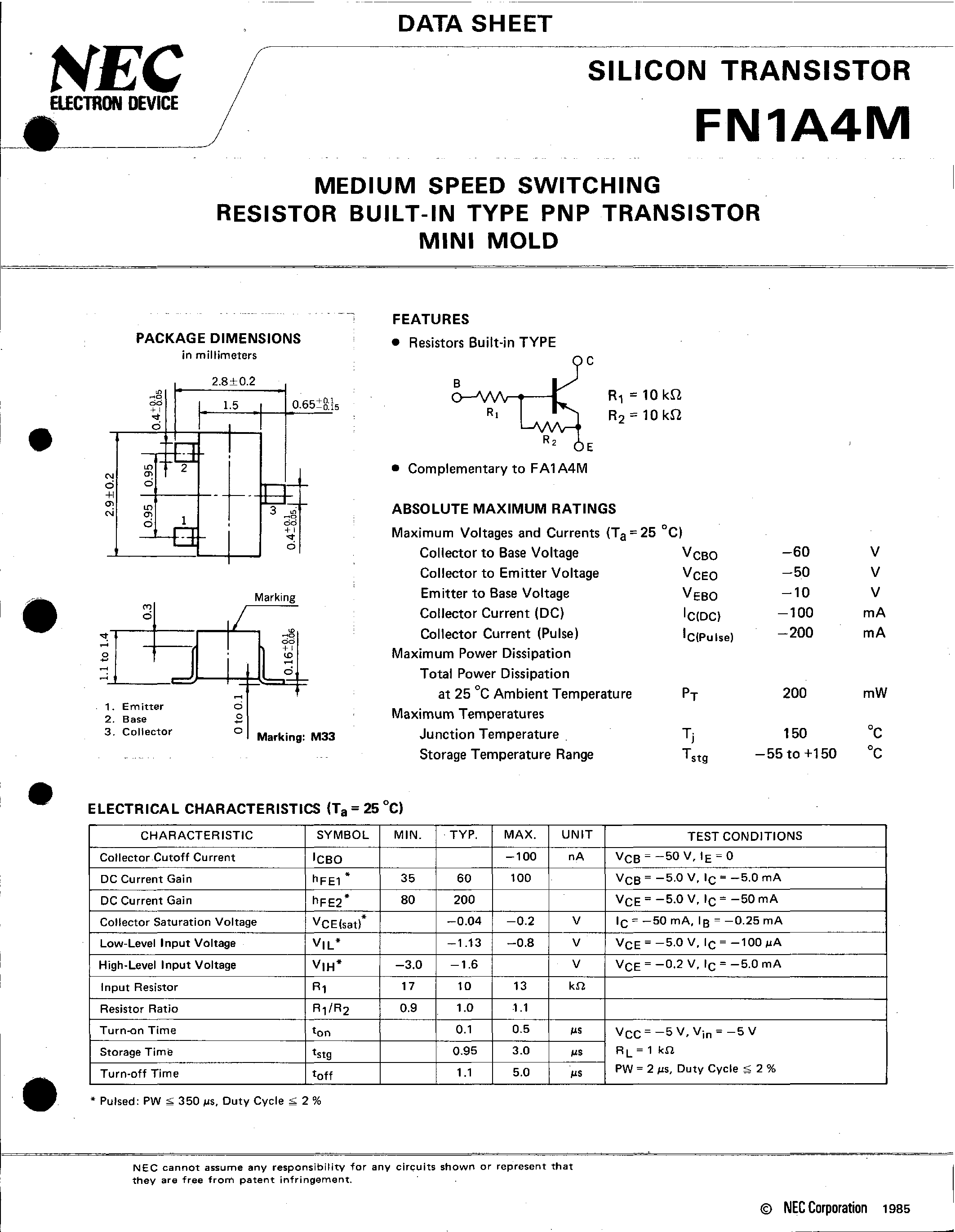 Даташит на микросхему FN1A4M страница 1 Даташит FN1A4M - MEDIUM SPEED SWITCHING RESISTOR BUILT-IN TYPE PNP TRANSISTOR MINI MOLD страница 1