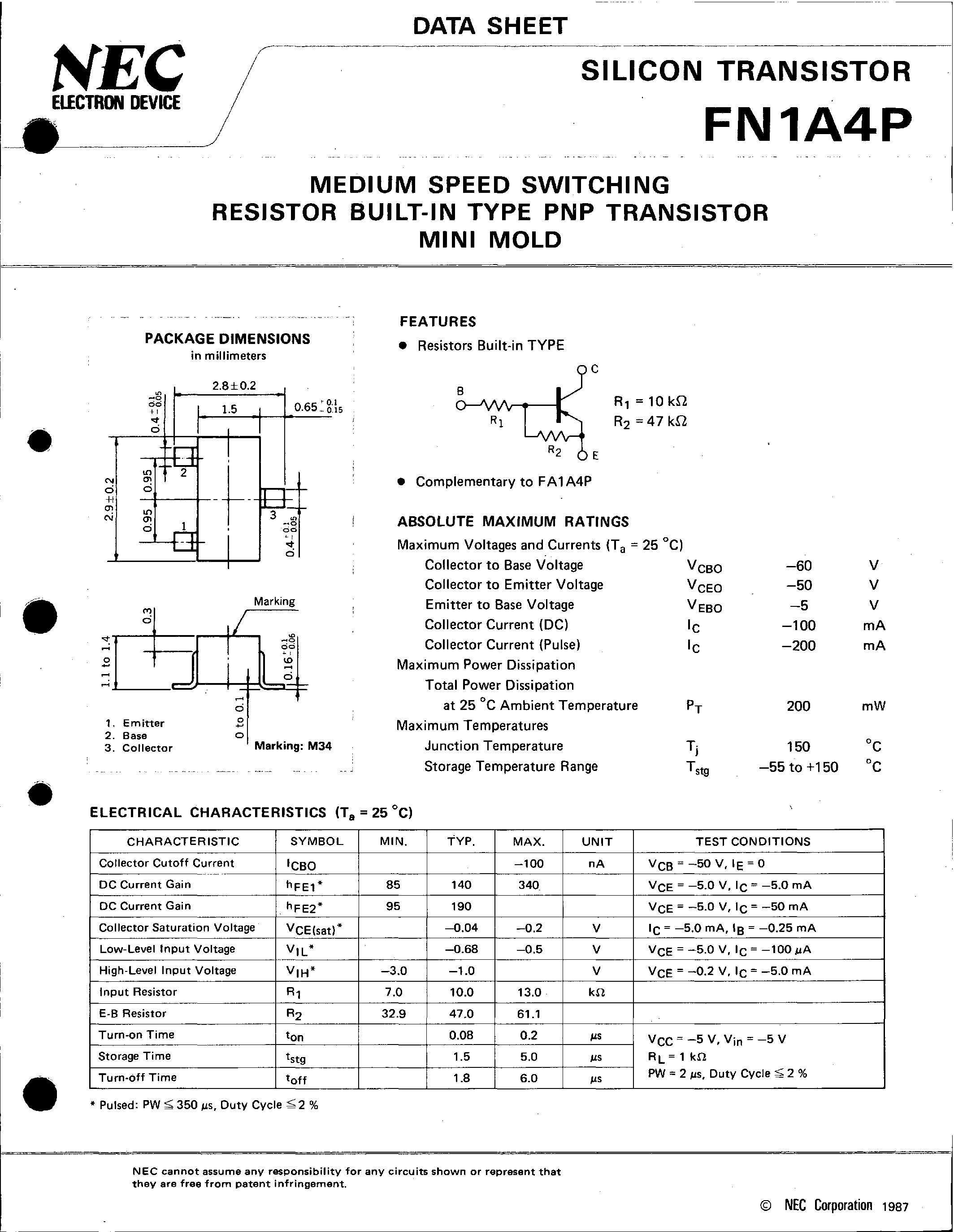 Даташит на микросхему FN1A4P страница 1 Даташит FN1A4P - MEDIUM SPEED SWITCHING RESISTOR BUILT-IN TYPE PNP TRANSISTOR MINI MOLD страница 1