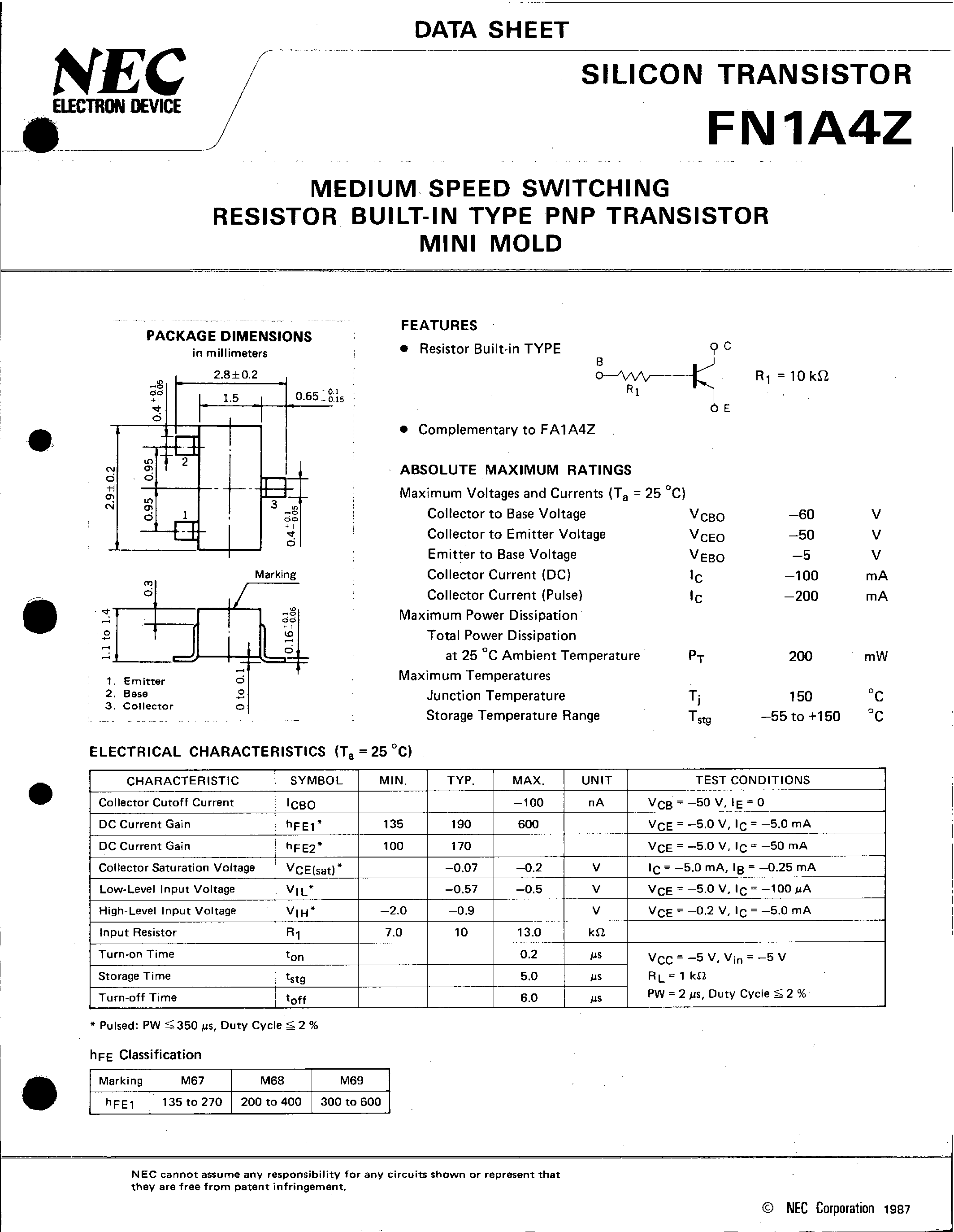 Даташит FN1A4Z - MEDIUM SPEED SWITCHING RESISTOR BUILT-IN TYPE PNP TRANSISTOR MINI MOLD страница 1