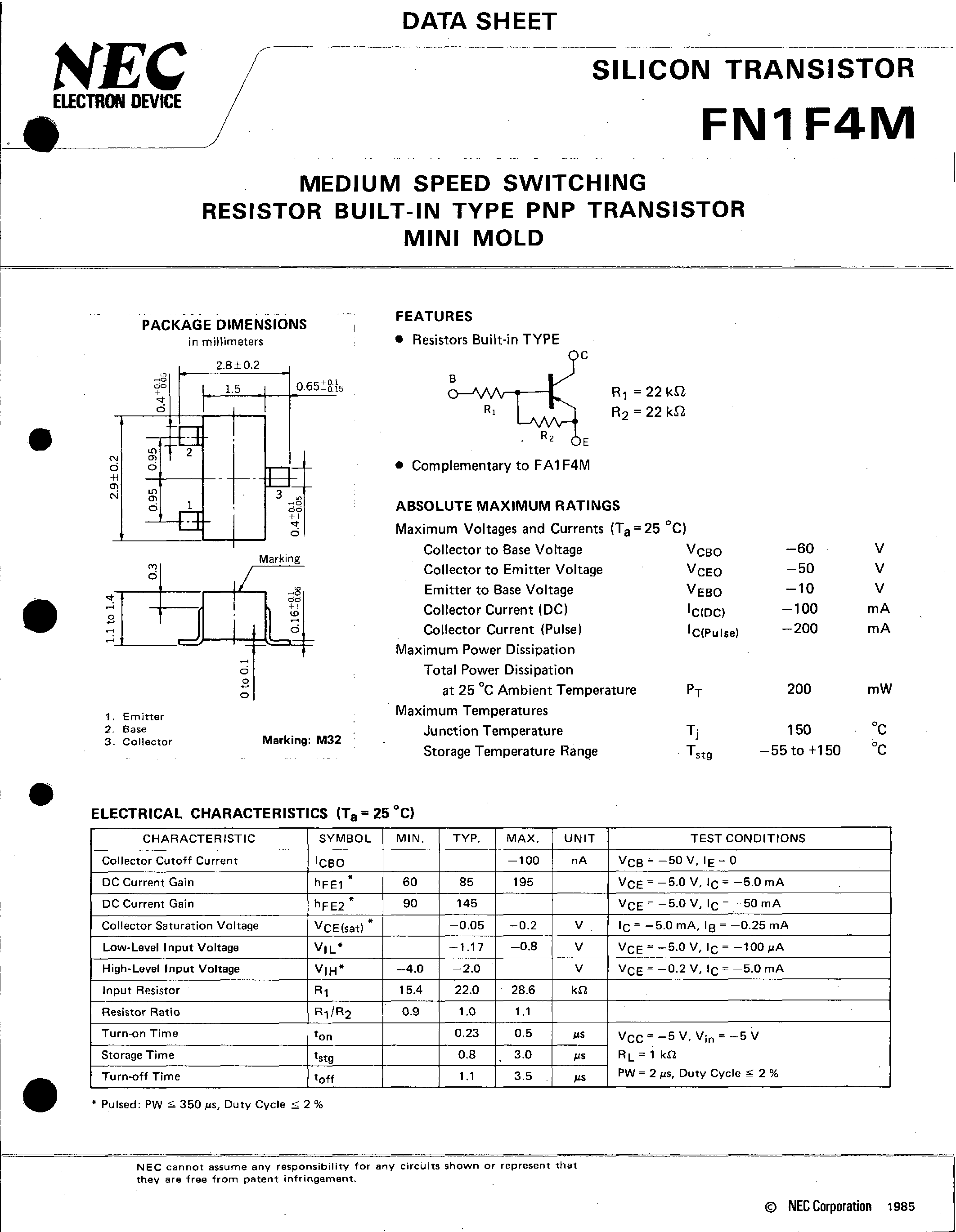 Даташит на микросхему FN1F4M страница 1 Даташит FN1F4M - MEDIUM SPEED SWITCHING RESISTOR BUILT-IN TYPE PNP TRANSISTOR MINI MOLD страница 1