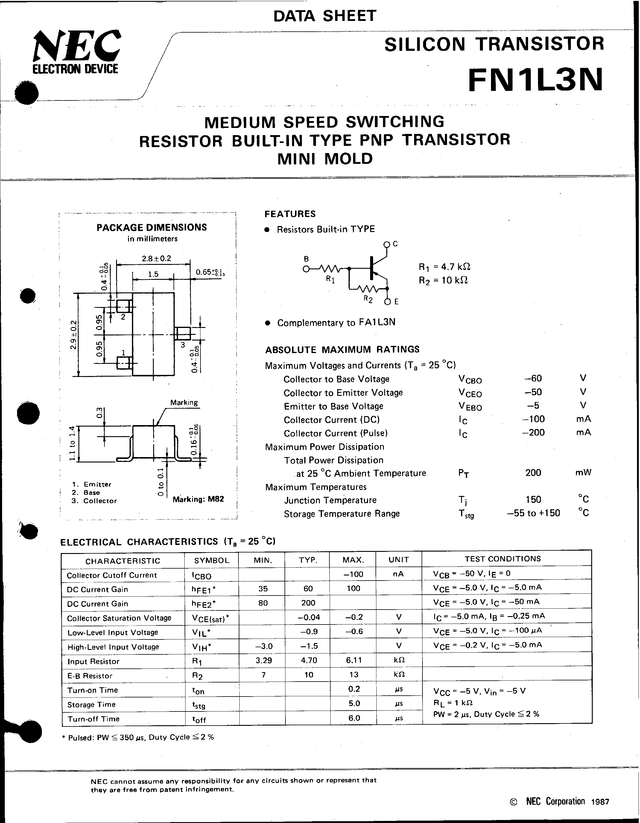 Даташит FN1L3N - MEDIUM SPEED SWITCHING RESISTOR BUILT-IN TYPE PNP TRANSISTOR MINI MOLD страница 1