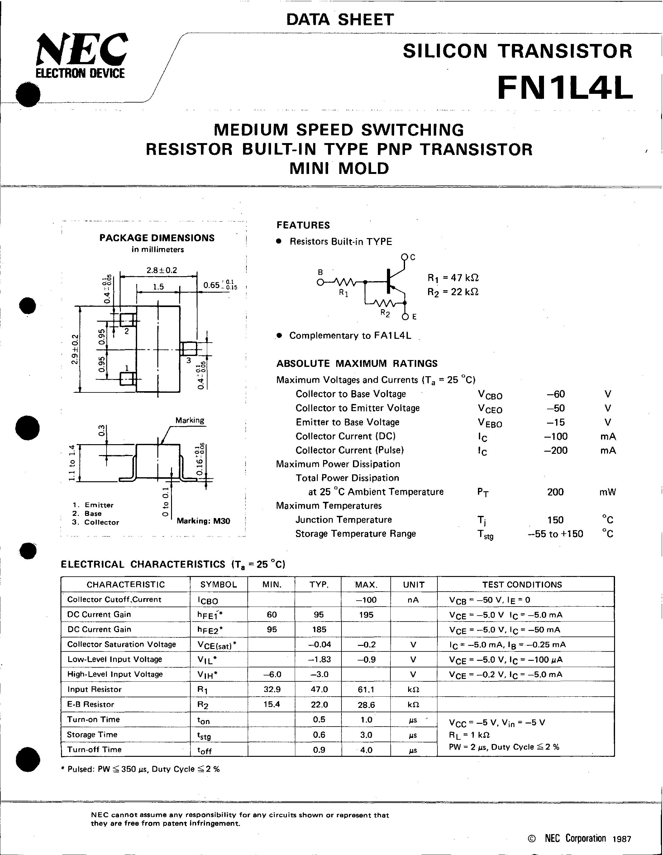 Даташит на микросхему FN1L4L страница 1 Даташит FN1L4L - MEDIUM SPEED SWITCHING RESISTOR BUILT-IN TYPE PNP TRANSISTOR MINI MOLD страница 1