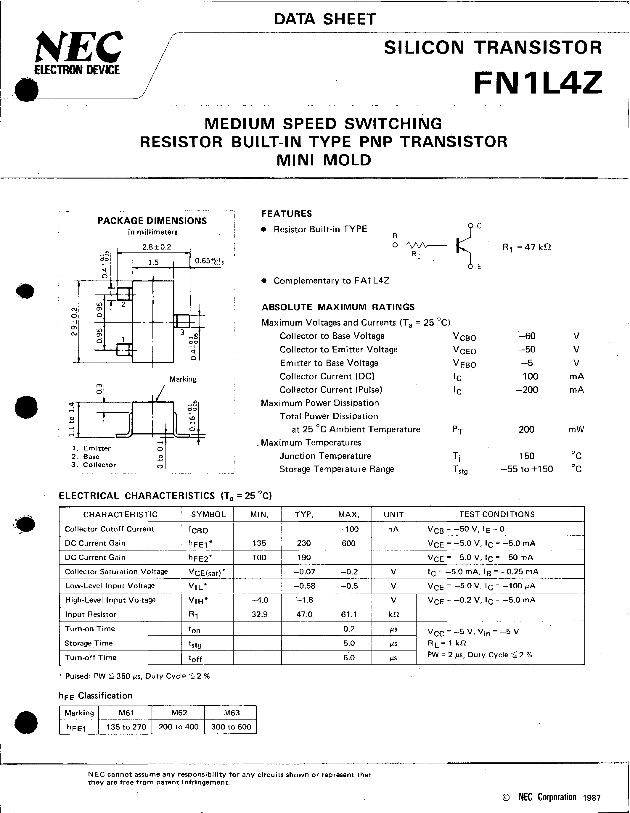 Даташит FN1L4Z - MEDIUM SPEED SWITCHING RESISTOR BUILT-IN TYPE PNP TRANSISTOR MINI MOLD страница 1
