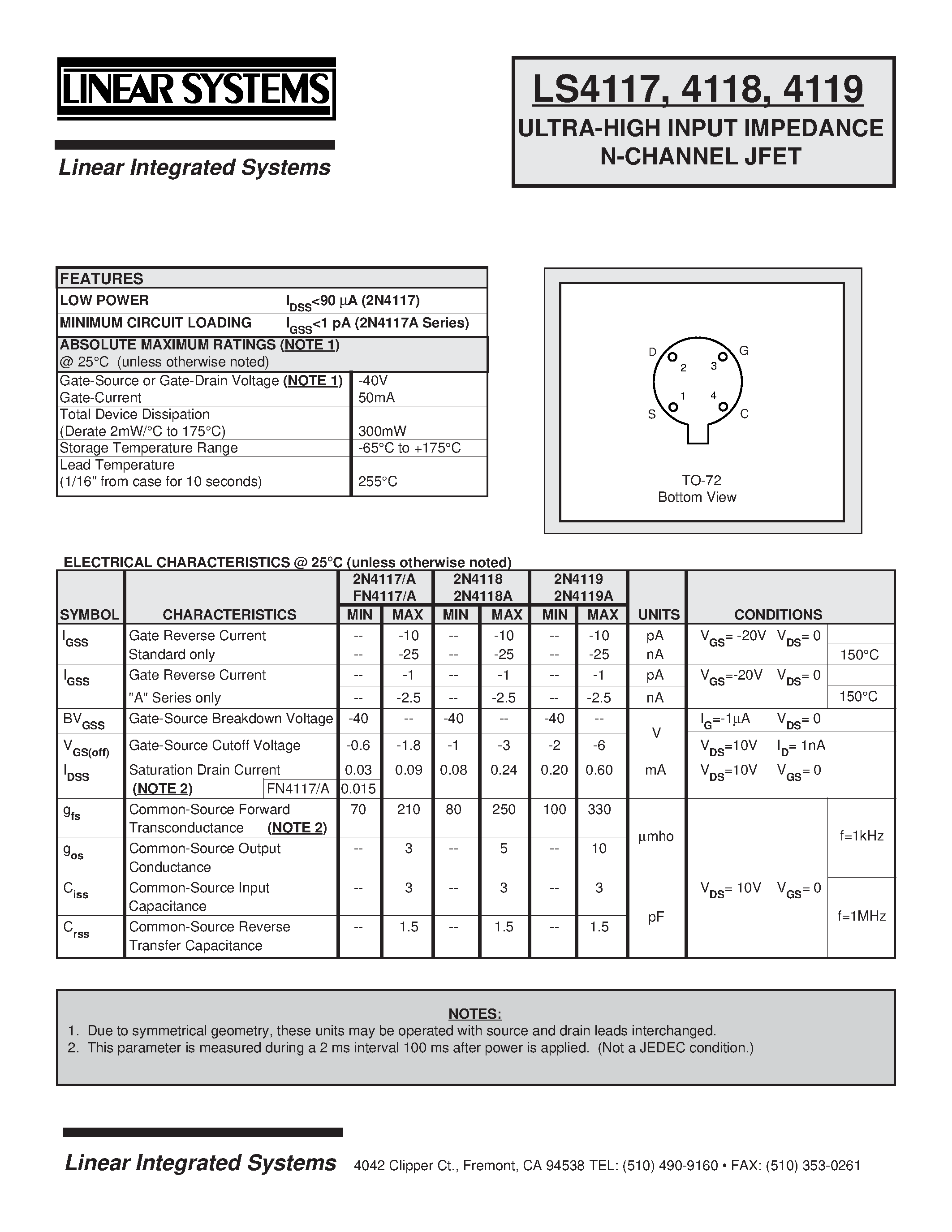 Datasheet FN4117A - ULTRA-HIGH INPUT IMPEDANCE N-CHANNEL JFET page 1
