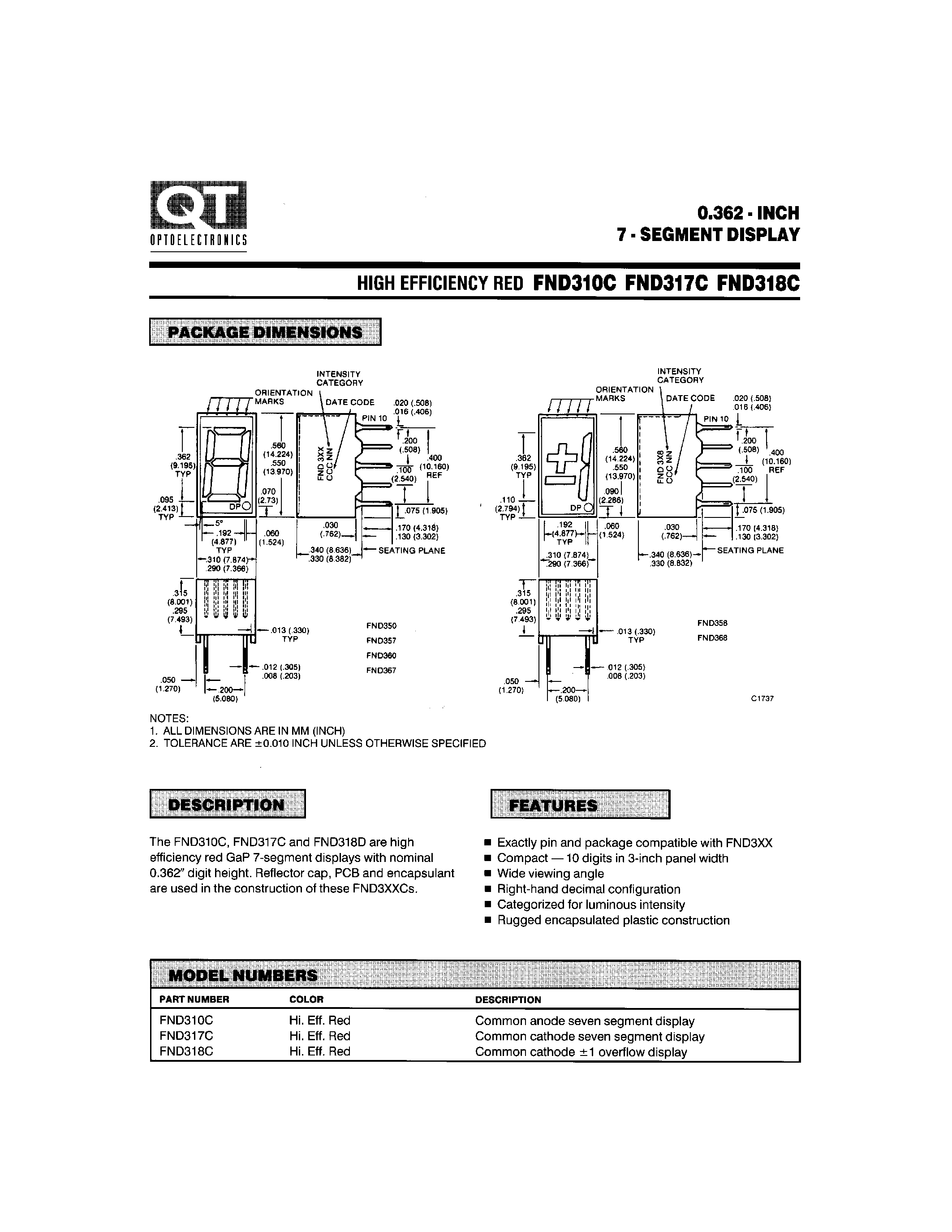 Datasheet FND317C - 0.362-INCH 7-SEGMENT DISPLAY page 1