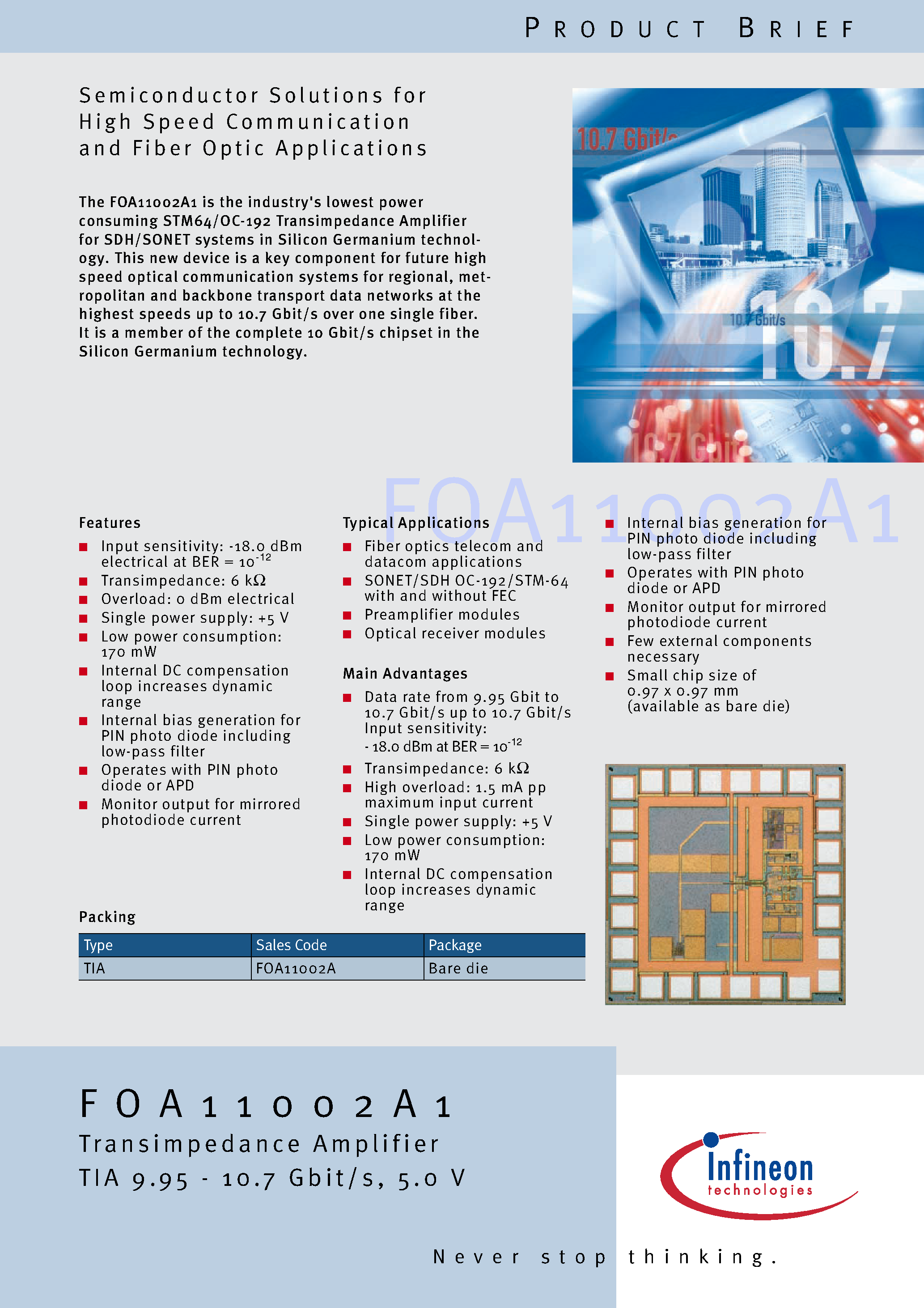 Datasheet FOA11002A1 - Semiconductor Solutions for High Speed Communi cation and Fiber Optic Applications page 1