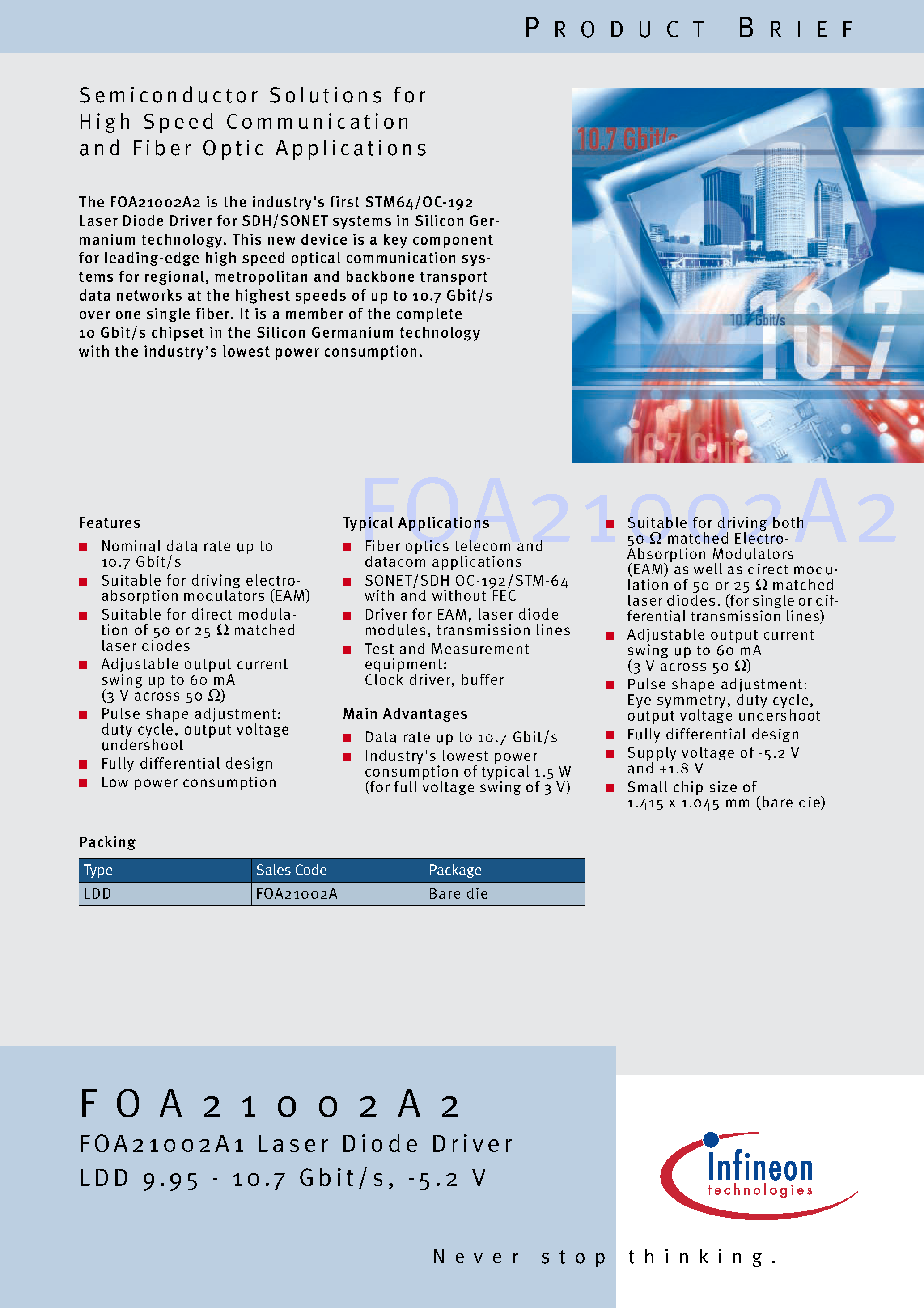 Даташит FOA21002A2 - Semiconductor Solutions for High Speed Communi cation and Fiber Optic Applications страница 1