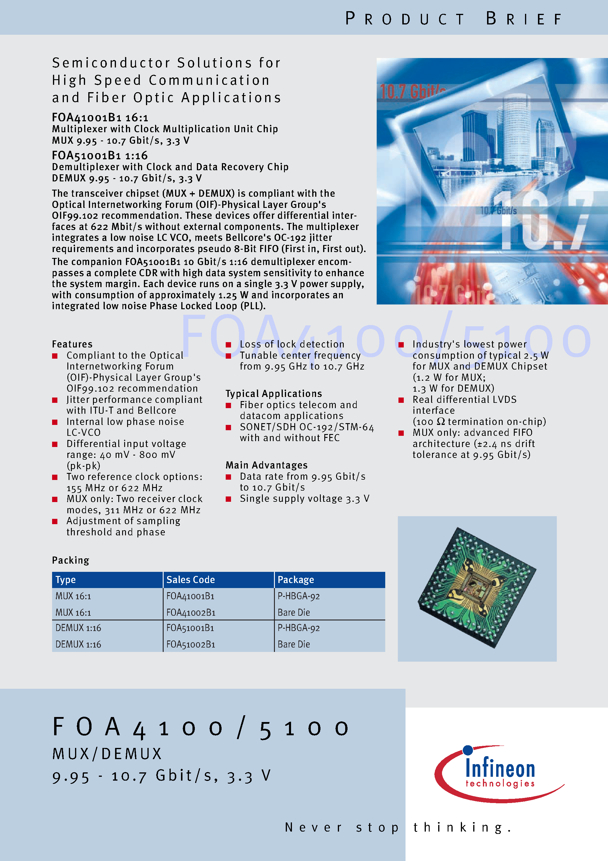 Datasheet FOA51001B1 - Semiconductor Solutions for High Speed Communi cation and Fiber OpticApplications page 1