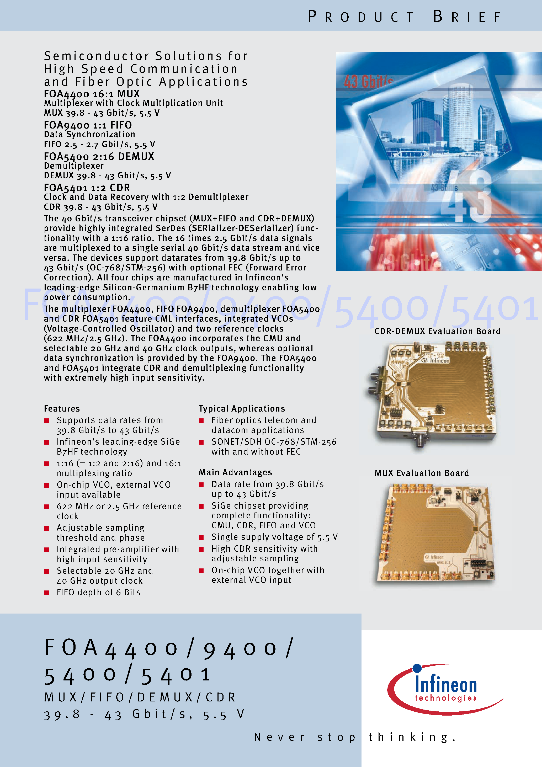 Даташит на микросхему FOA5401 страница 1 Даташит FOA5401 - Semiconductor Solutions for High Speed Communi cation and Fiber Optic Applications страница 1