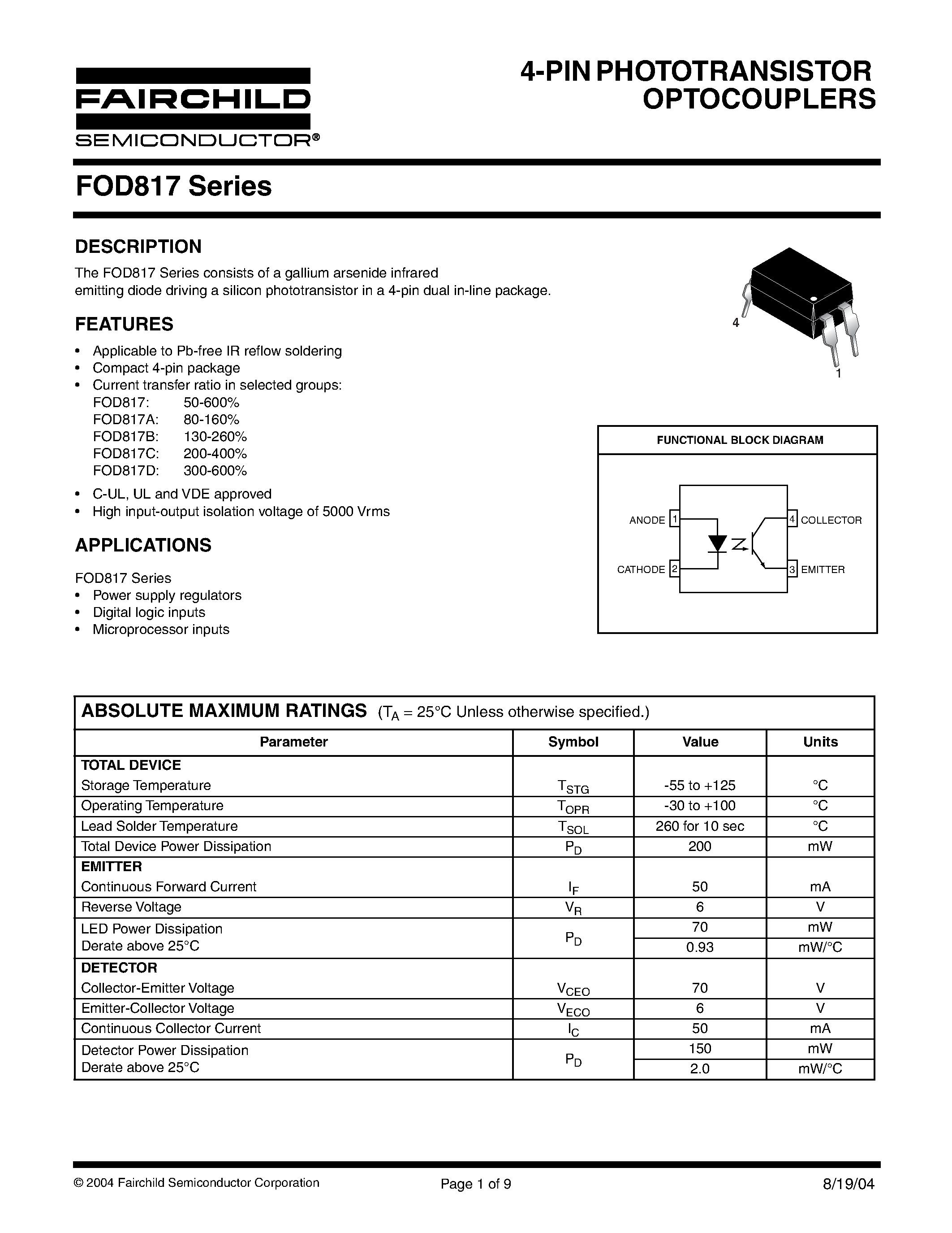 Даташит FOD817A - 4-PIN PHOTOTRANSISTOR OPTOCOUPLERS страница 1