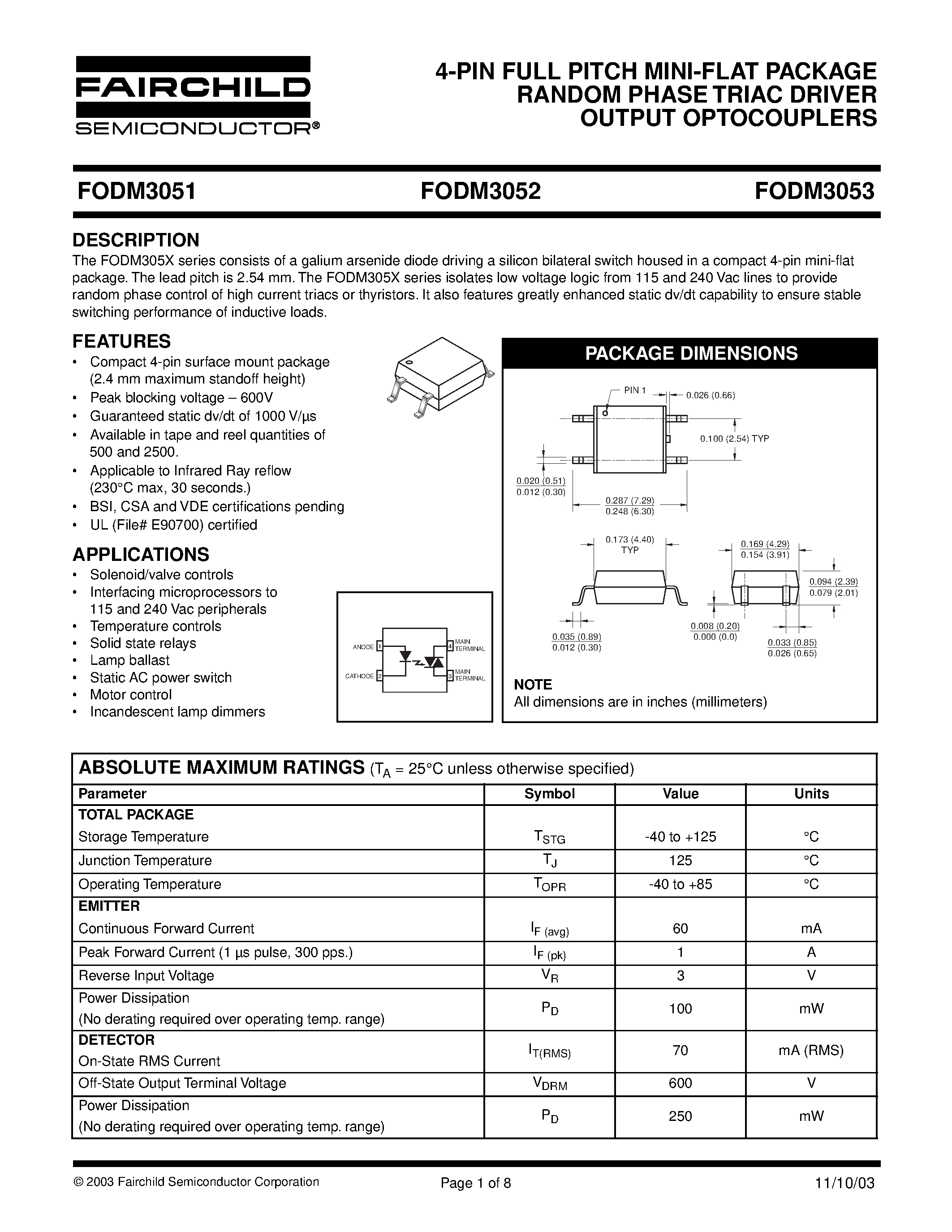 Datasheet FODM3052 - 4-PIN FULL PITCH MINI-FLAT PACKAGE RANDOM PHASE TRIAC DRIVER OUTPUT OPTOCOUPLERS page 1