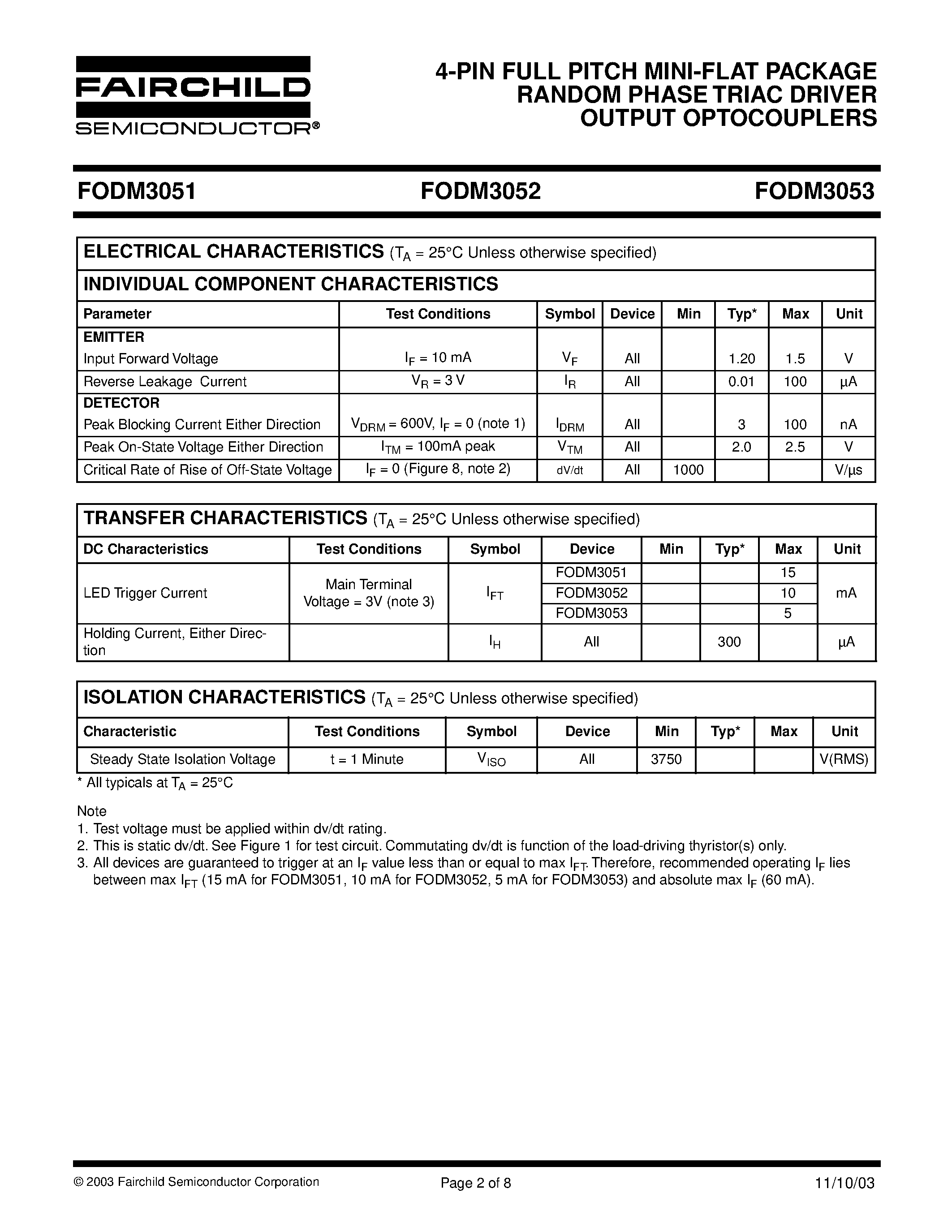 Datasheet FODM3052 - 4-PIN FULL PITCH MINI-FLAT PACKAGE RANDOM PHASE TRIAC DRIVER OUTPUT OPTOCOUPLERS page 2