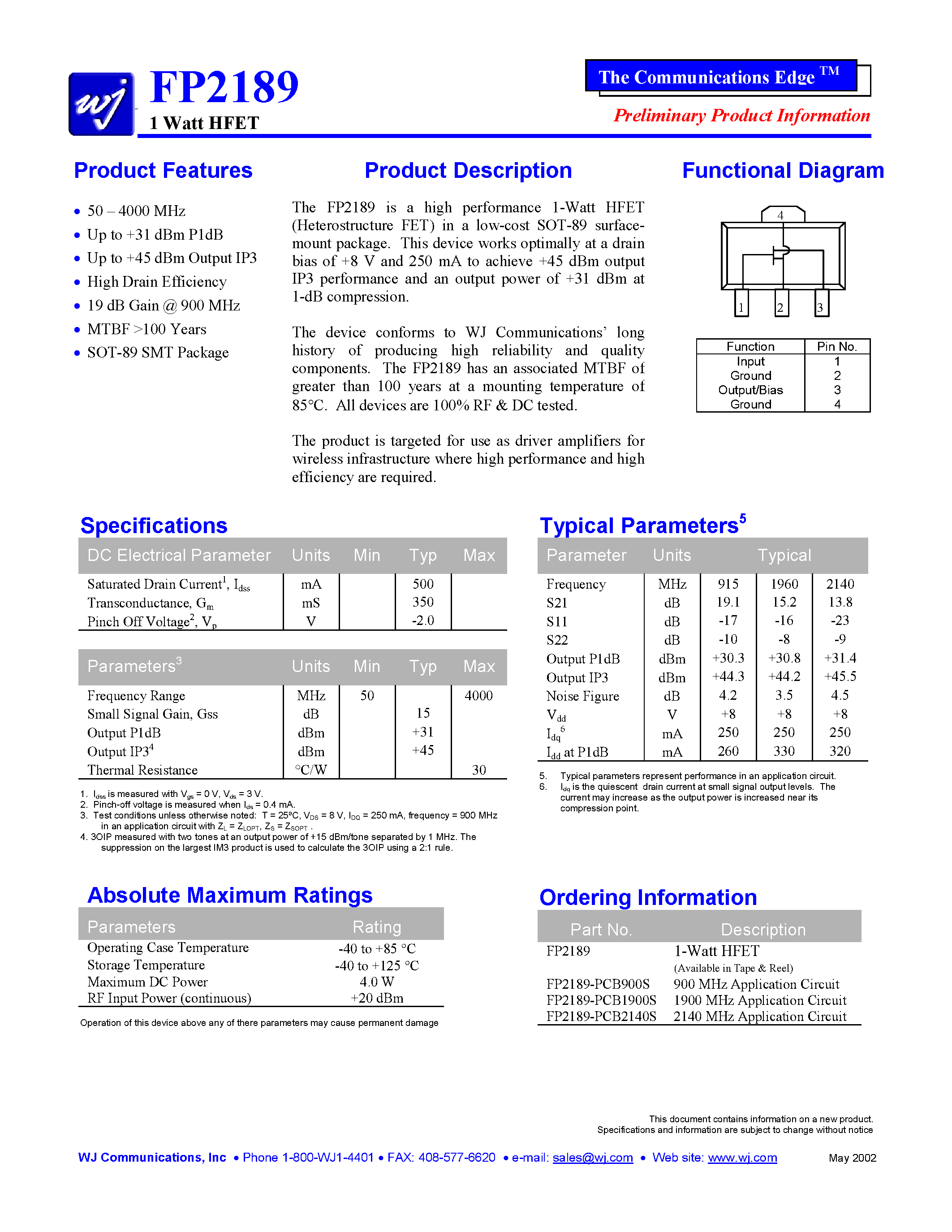 Datasheet FP2189-PCB2140S - high performance 1-Watt HFET (Heterostructure FET) in a low-cost SOT-89 surfacemount page 1