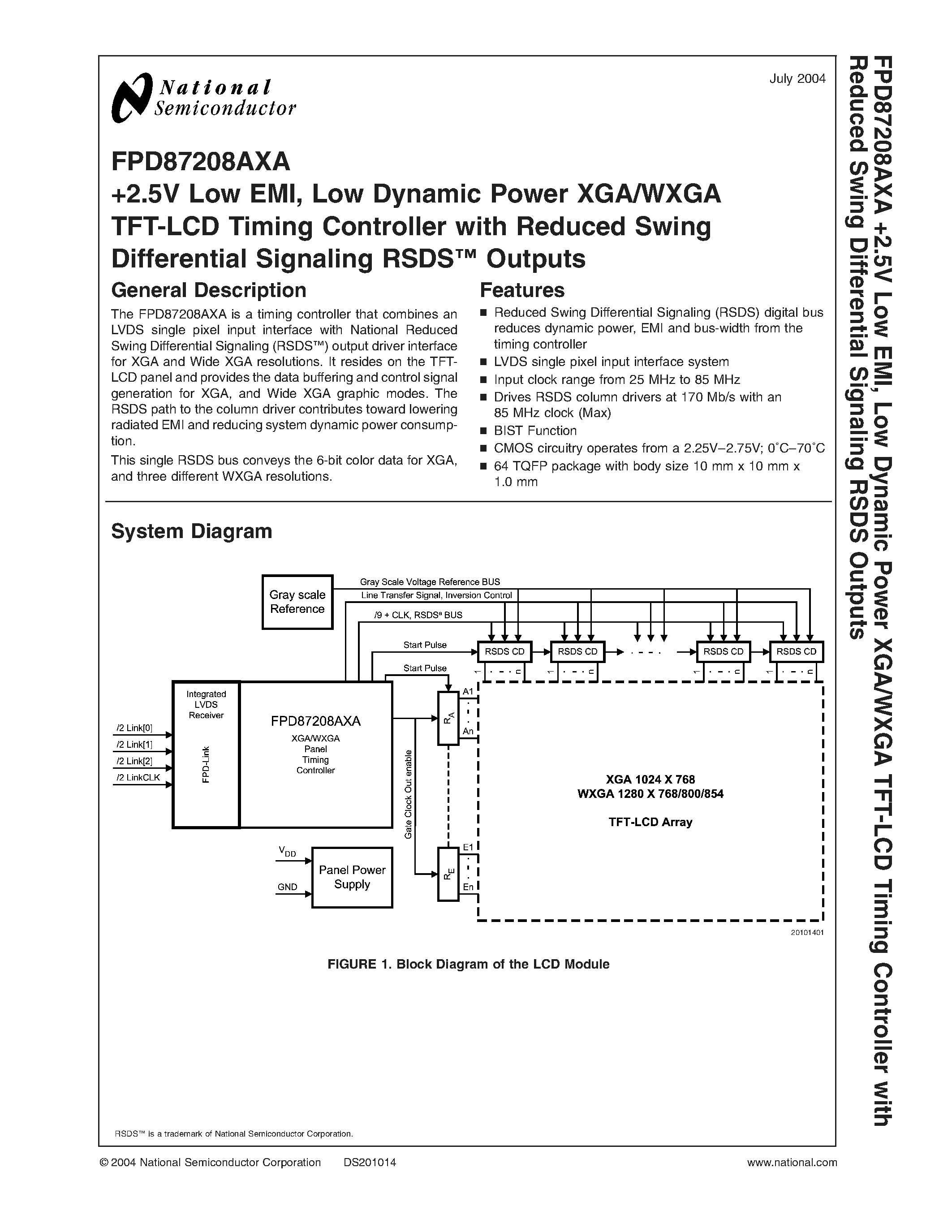 Даташит на микросхему FPD87208 страница 1 Даташит FPD87208 - +2.5V Low EMI/ Low Dynamic Power XGA/WXGA TFT-LCD Timing Controller with Reduced Swing Differential Signaling RSDS Outputs страница 1