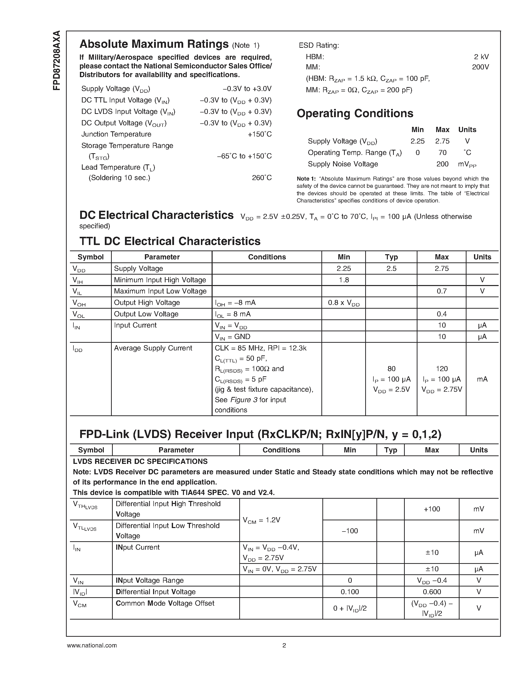 Даташит на микросхему FPD87208 страница 2 Даташит FPD87208 - +2.5V Low EMI/ Low Dynamic Power XGA/WXGA TFT-LCD Timing Controller with Reduced Swing Differential Signaling RSDS Outputs страница 2