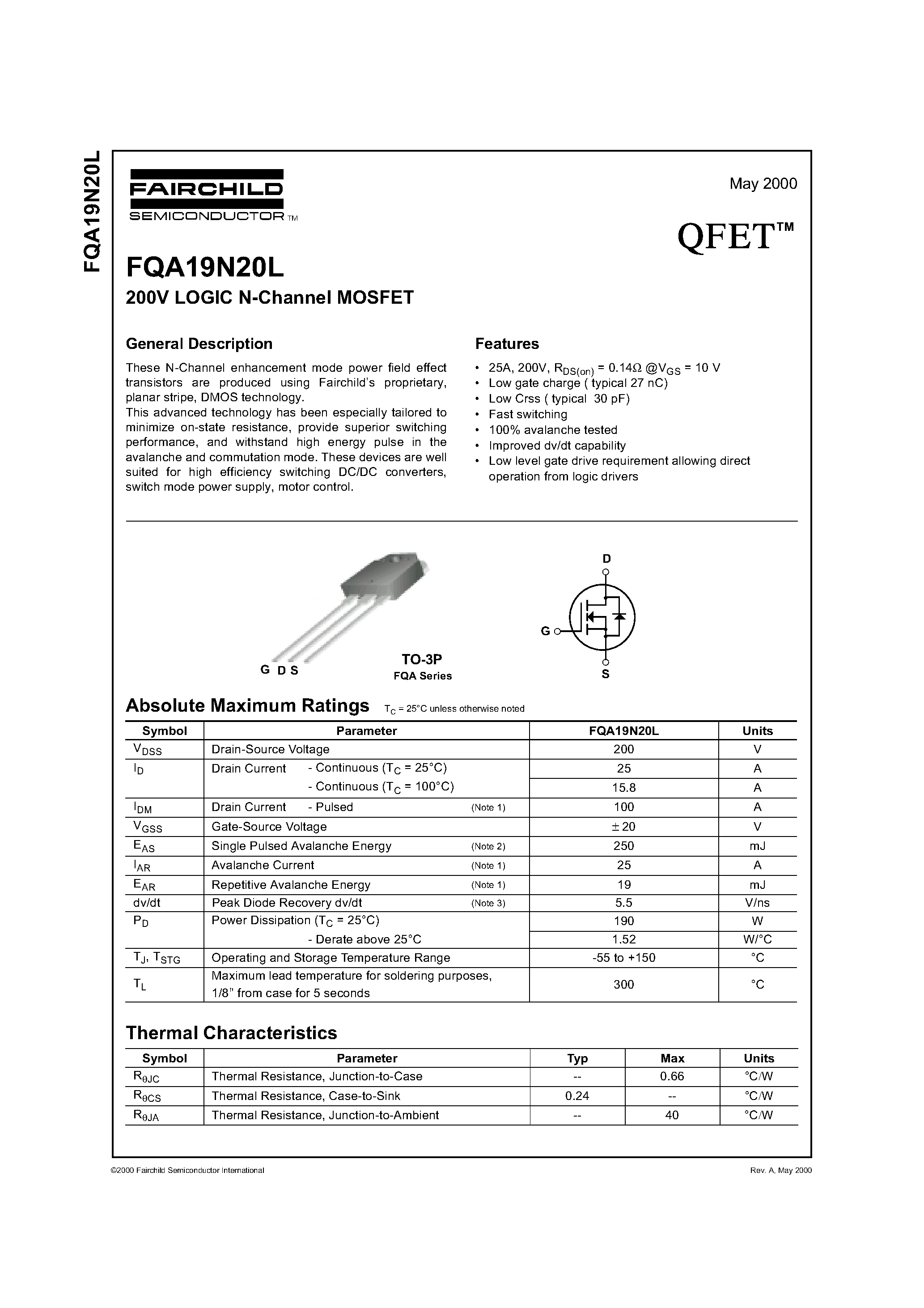 Даташит на микросхему FQA19N20L страница 1 Даташит FQA19N20L - 200V LOGIC N-Channel MOSFET страница 1