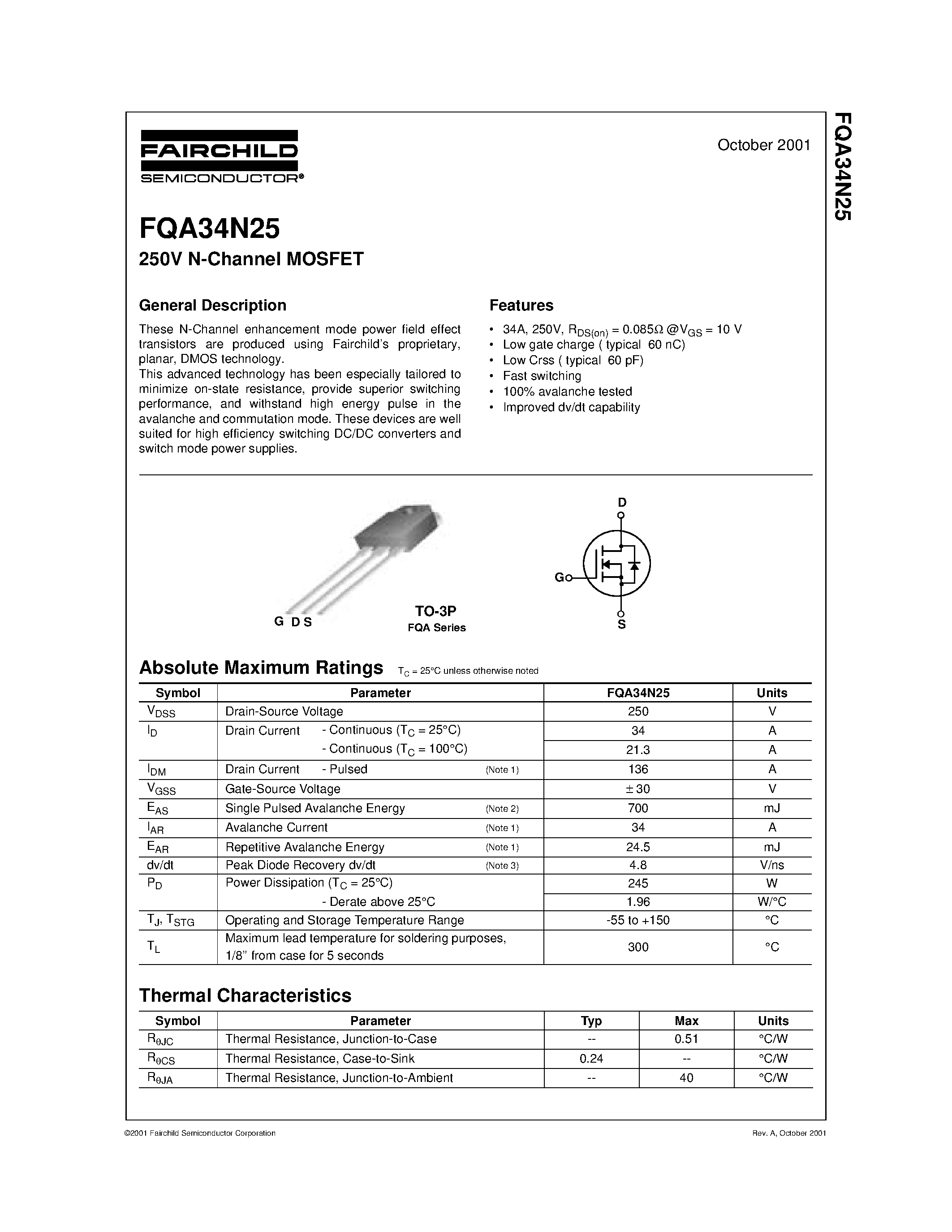 Даташит на микросхему FQA34N25 страница 1 Даташит FQA34N25 - 250V N-Channel MOSFET страница 1