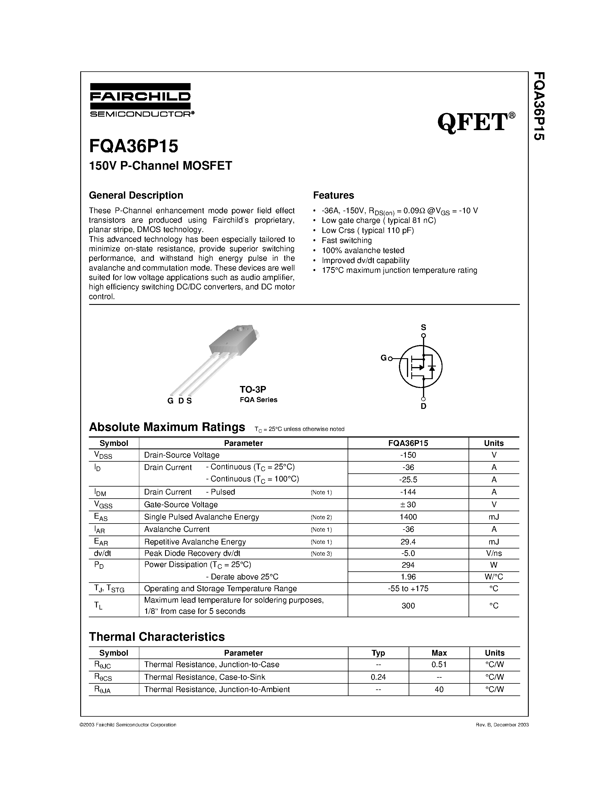 Datasheet FQA36P15 - 150V P-Channel MOSFET page 1