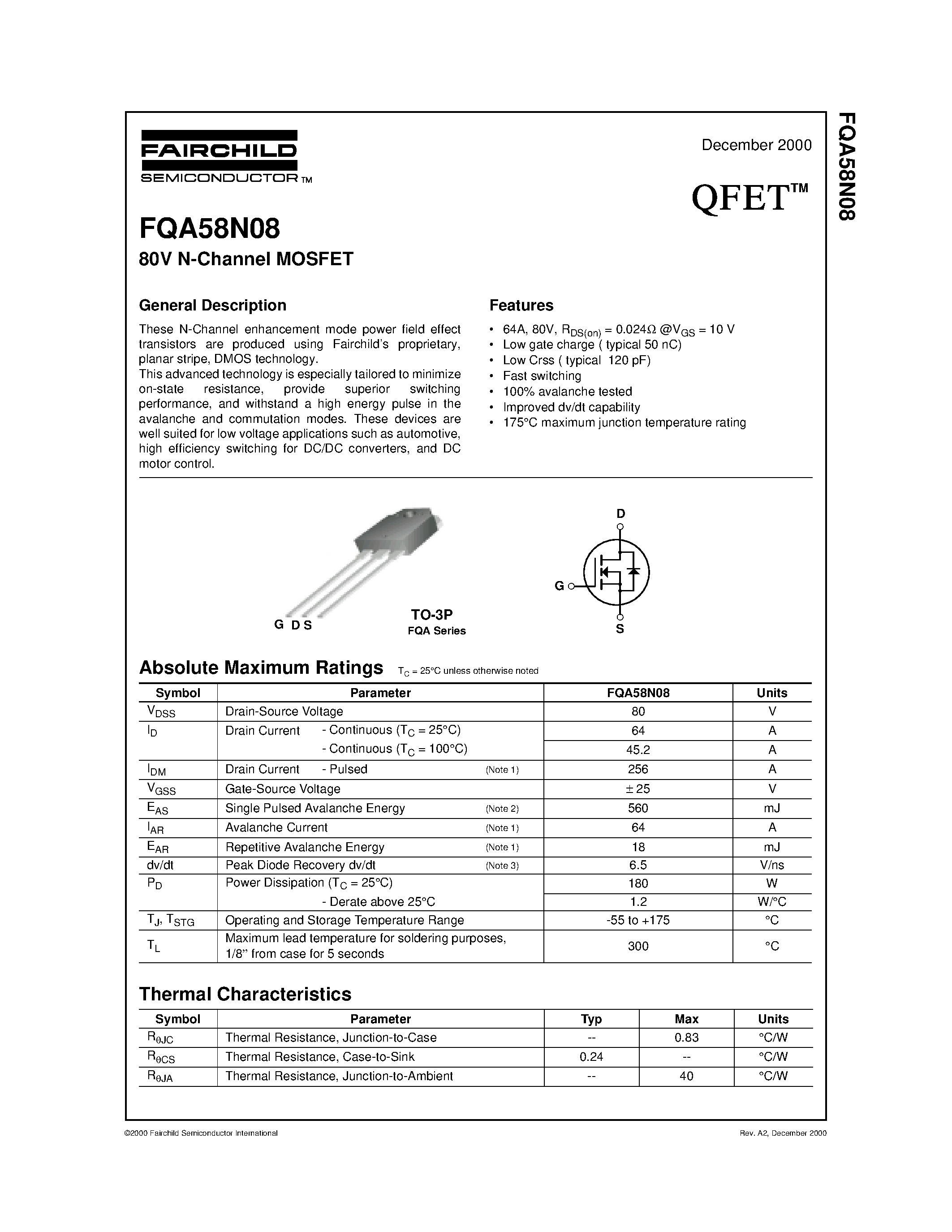 Datasheet FQA58N08 - 80V N-Channel MOSFET page 1
