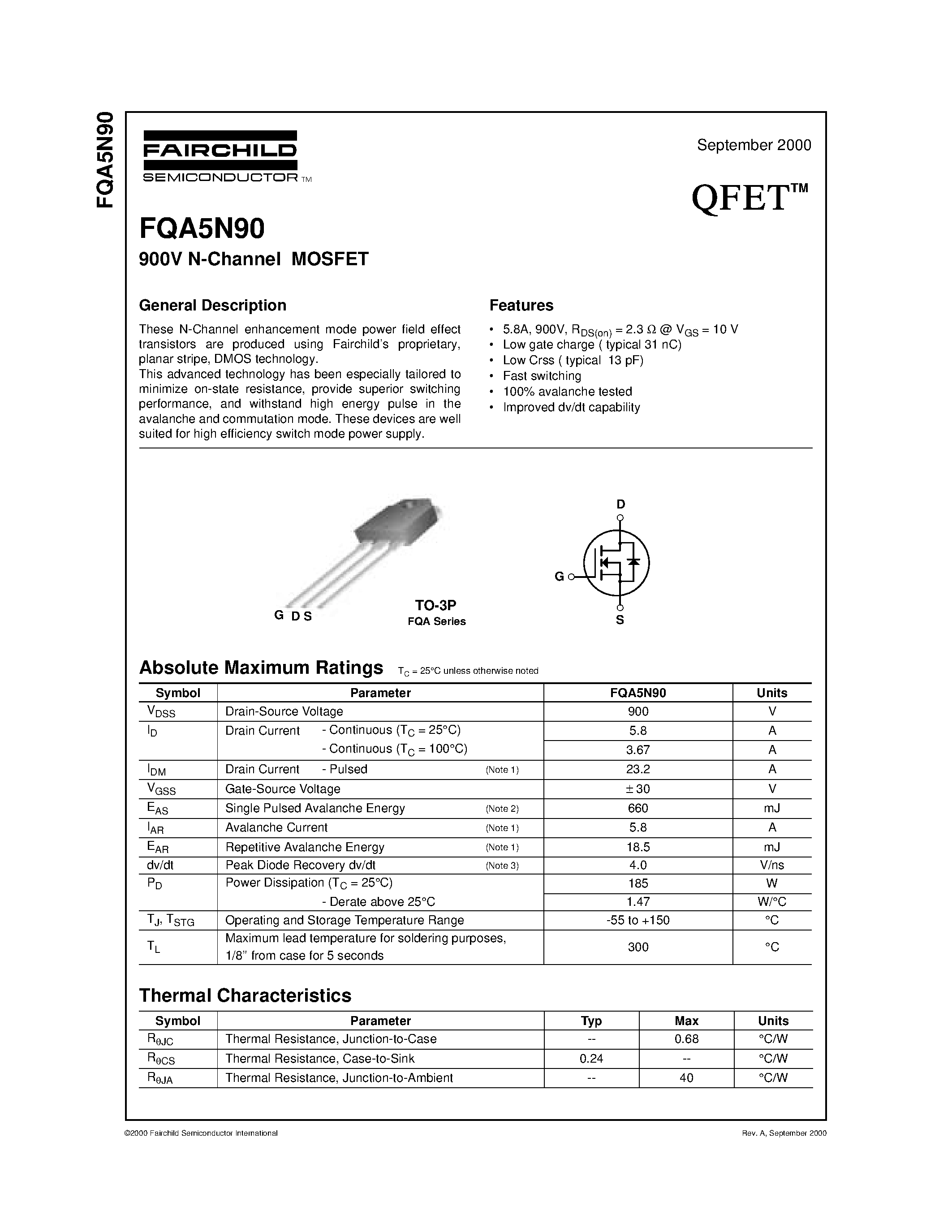 Datasheet FQA5N90 - 900V N-Channel MOSFET page 1