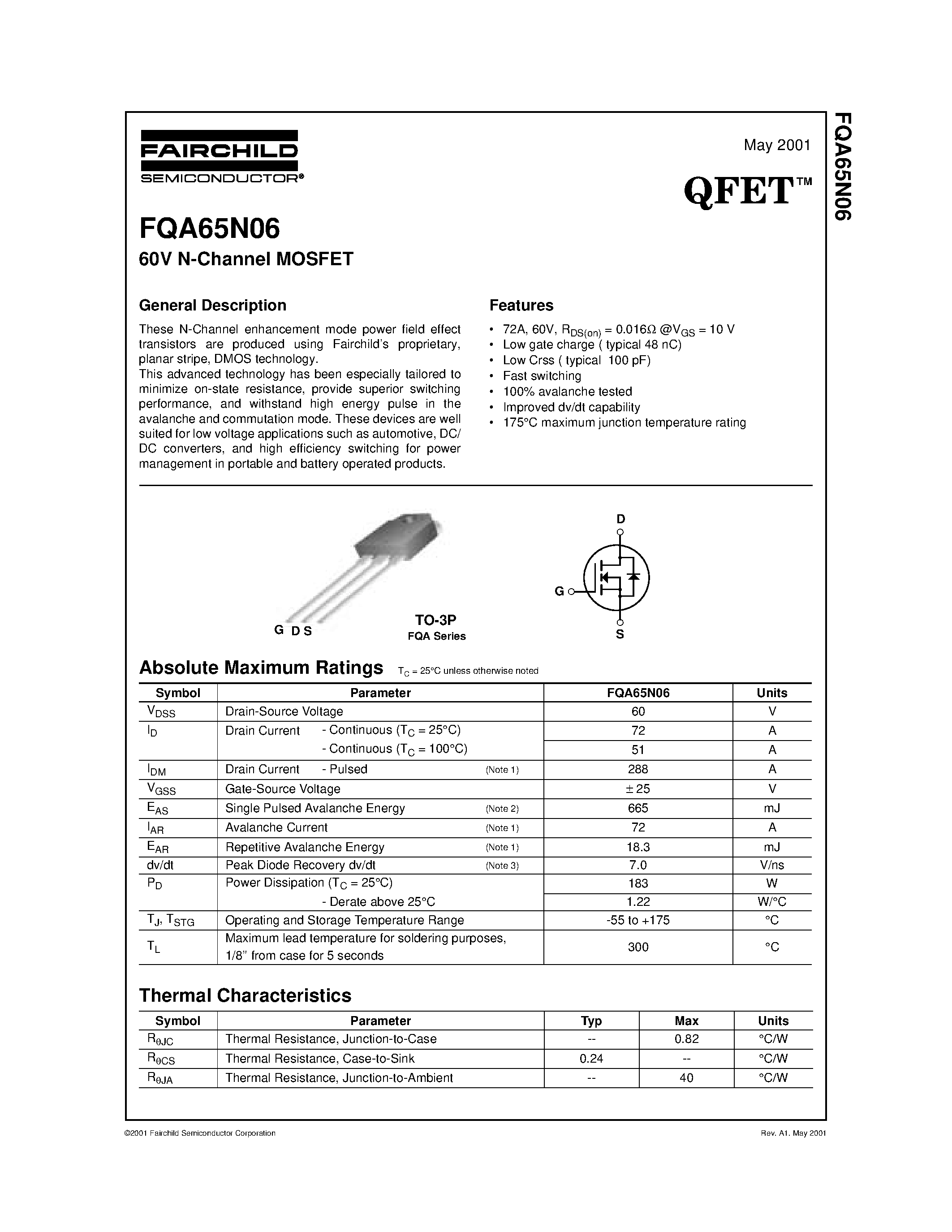 Даташит FQA65N06 - 60V N-Channel MOSFET страница 1