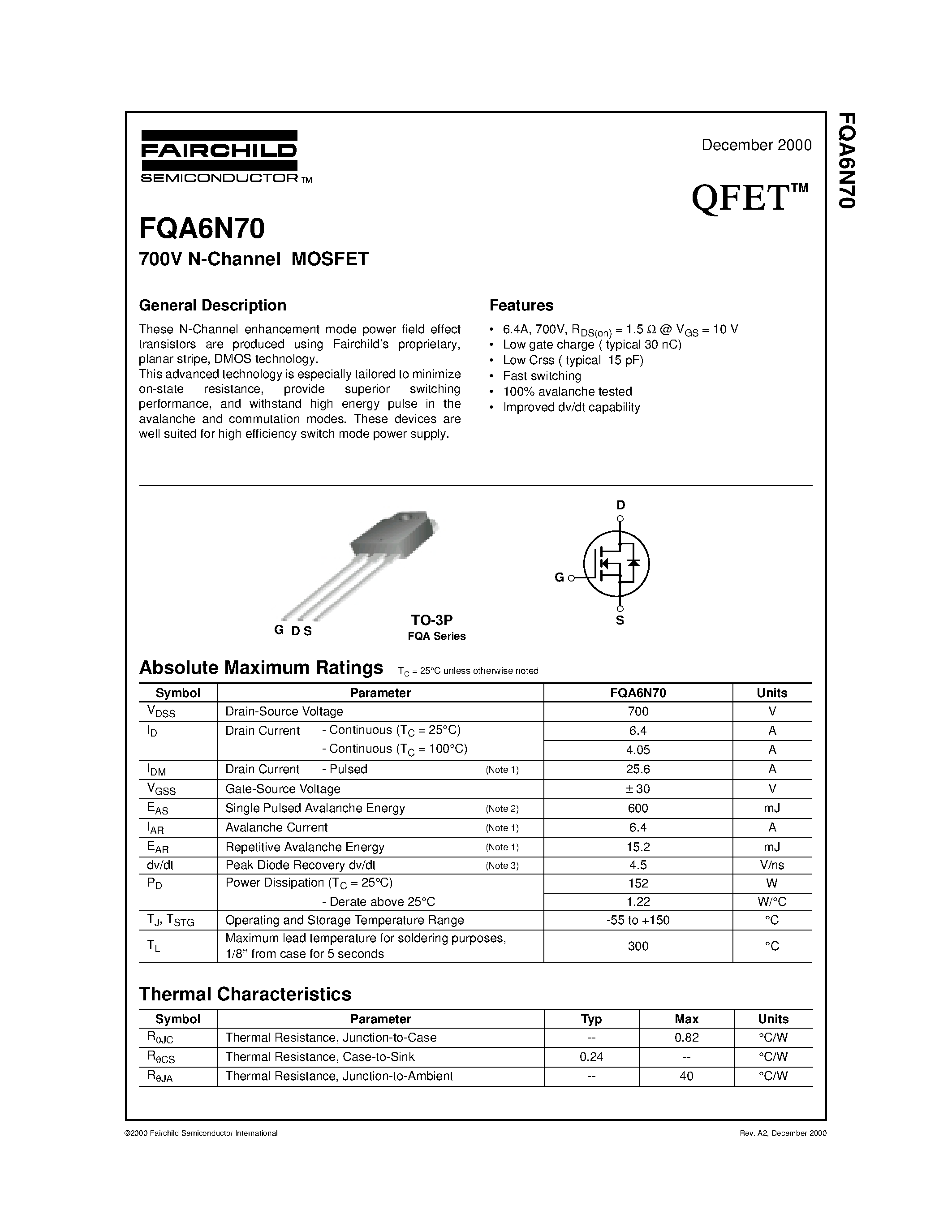 Datasheet FQA6N70 - 700V N-Channel MOSFET page 1