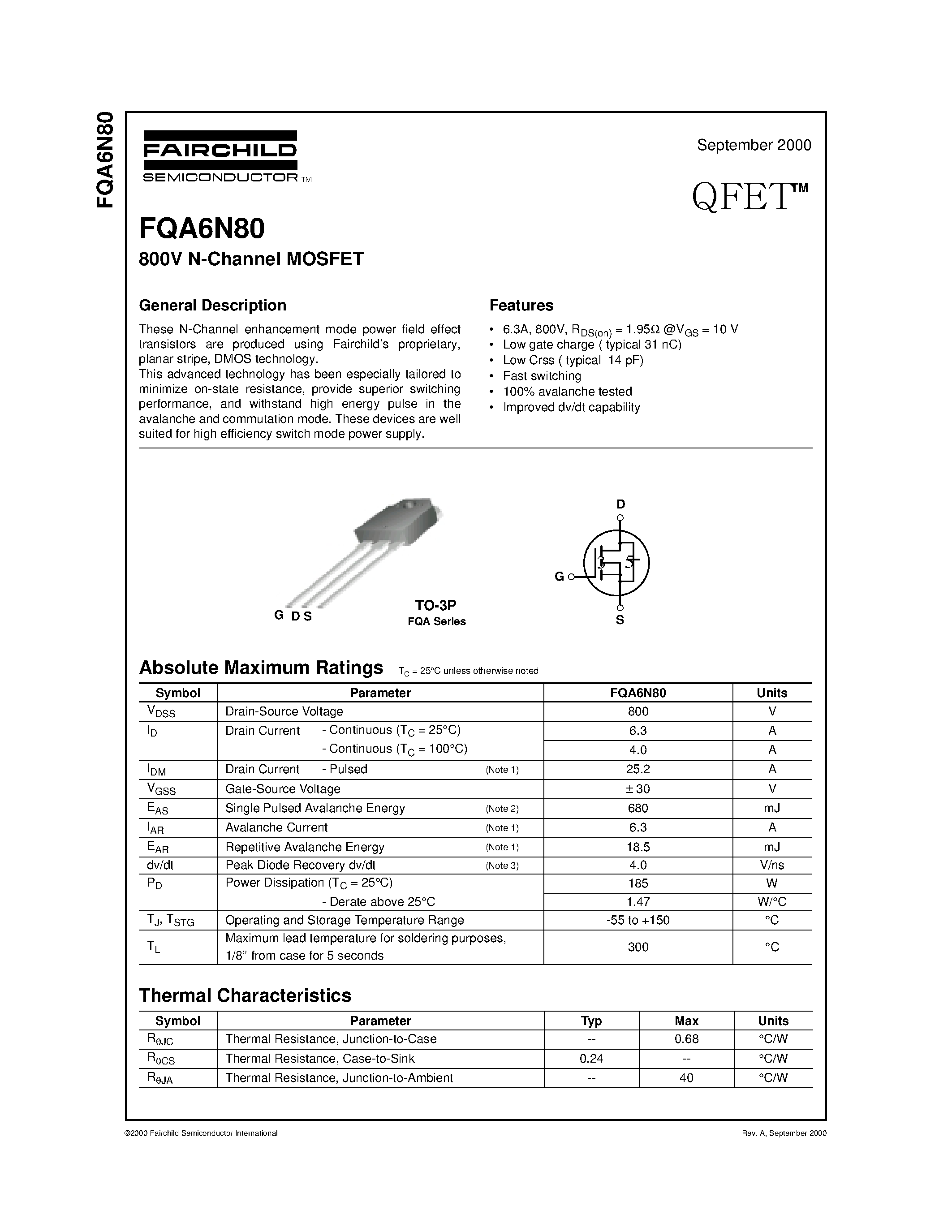 Datasheet FQA6N80 - 800V N-Channel MOSFET page 1
