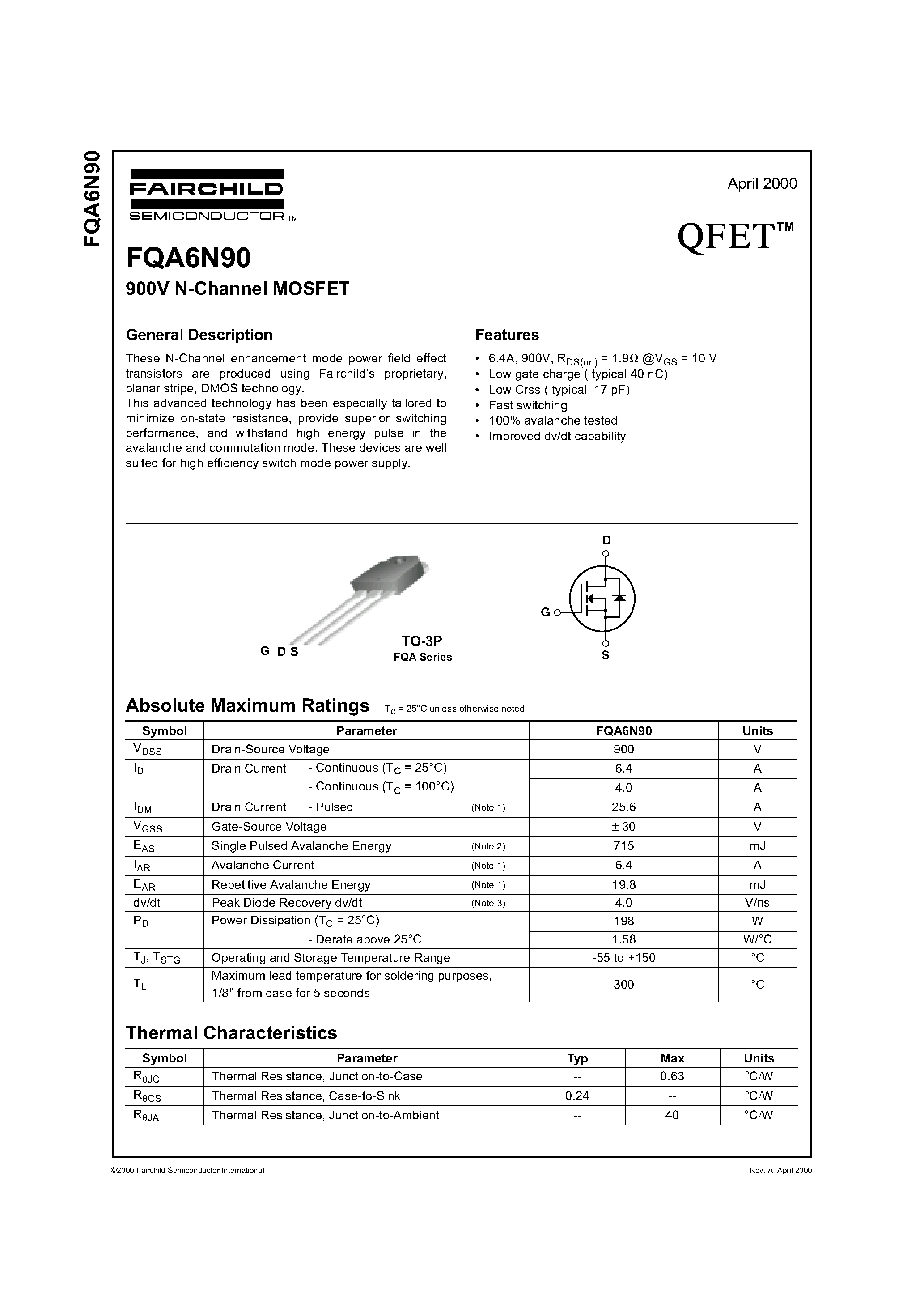 Datasheet FQA6N90 - 900V N-Channel MOSFET page 1