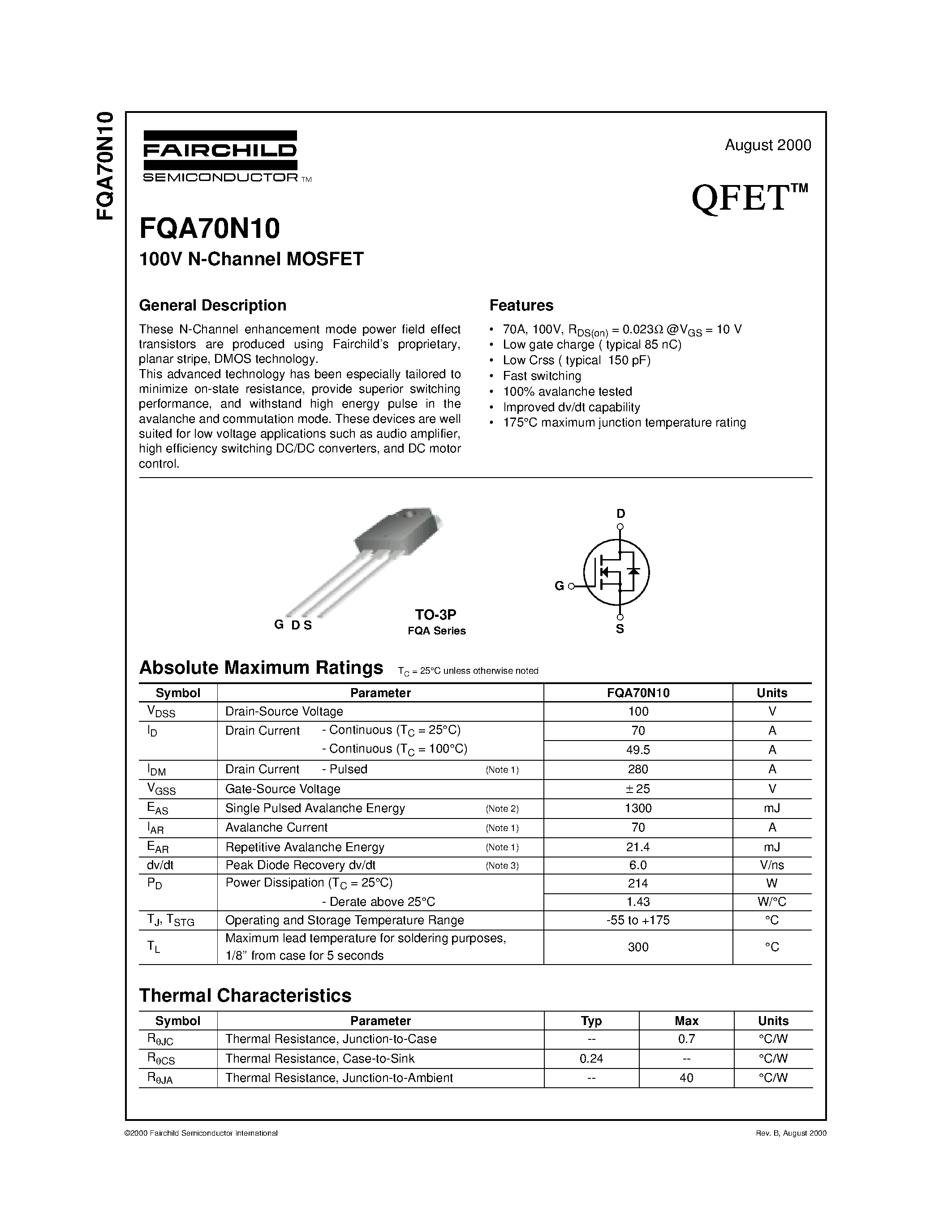 Даташит FQA70N10 - 100V N-Channel MOSFET страница 1
