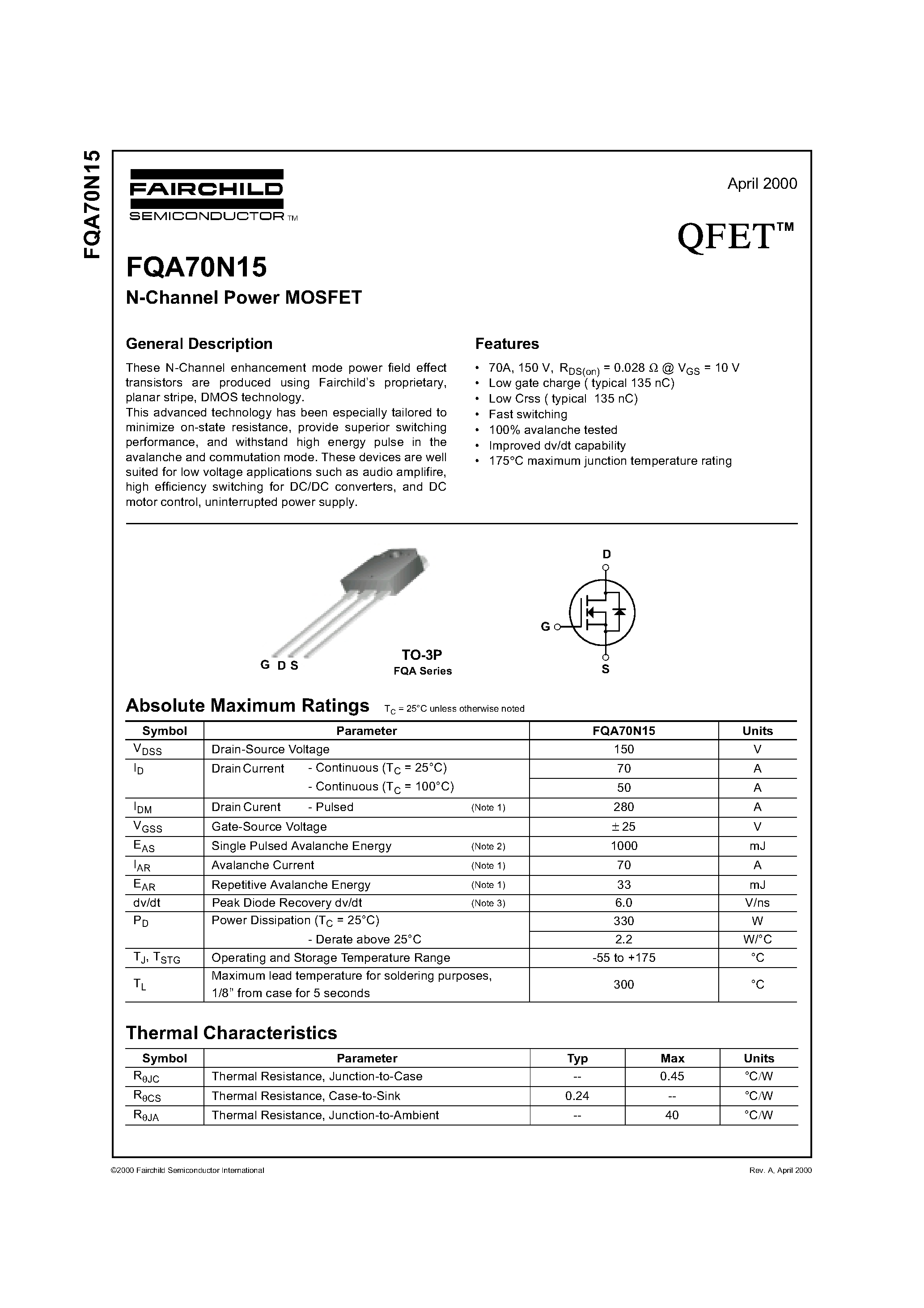 Даташит FQA70N15 - N-Channel Power MOSFET страница 1