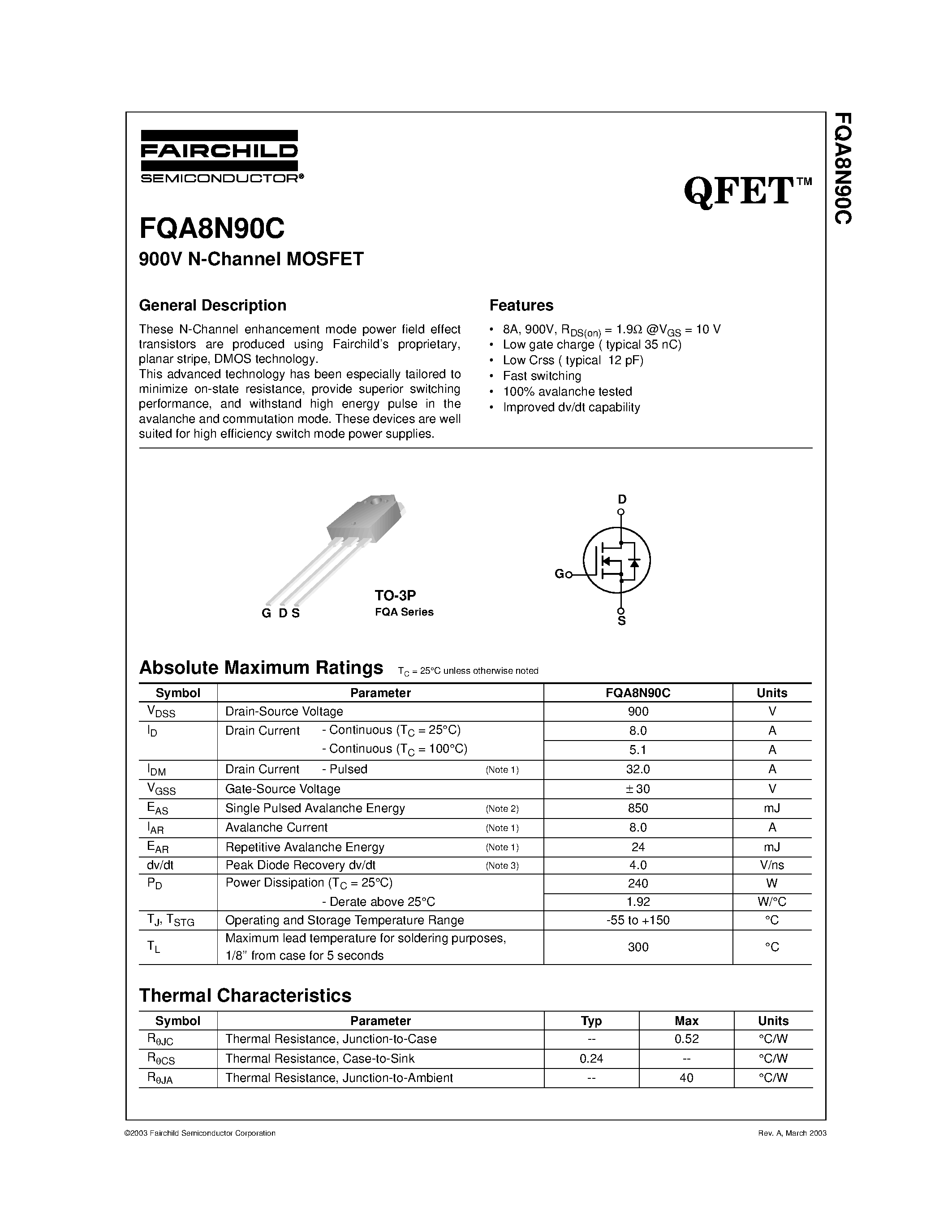 Datasheet FQA8N90C - 900V N-Channel MOSFET page 1