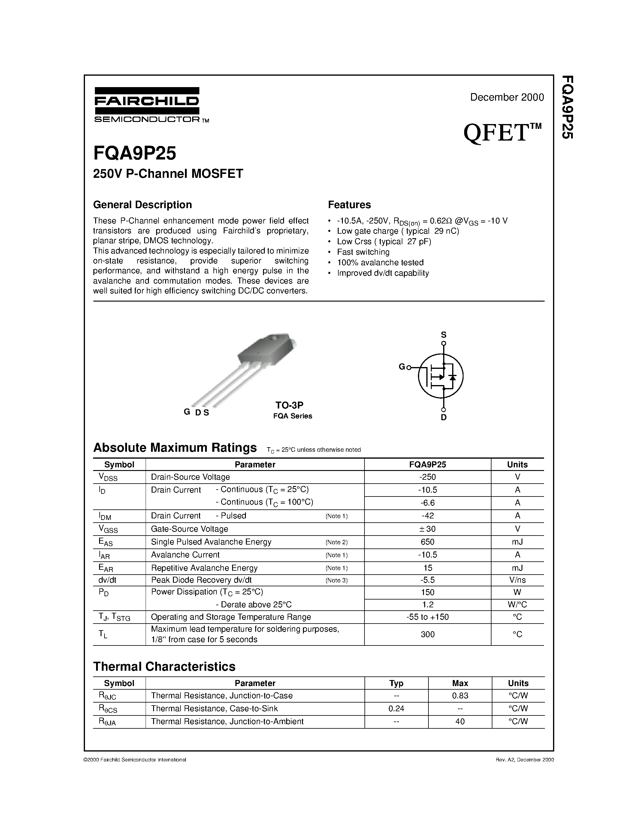 Datasheet FQA9P25 - 250V P-Channel MOSFET page 1