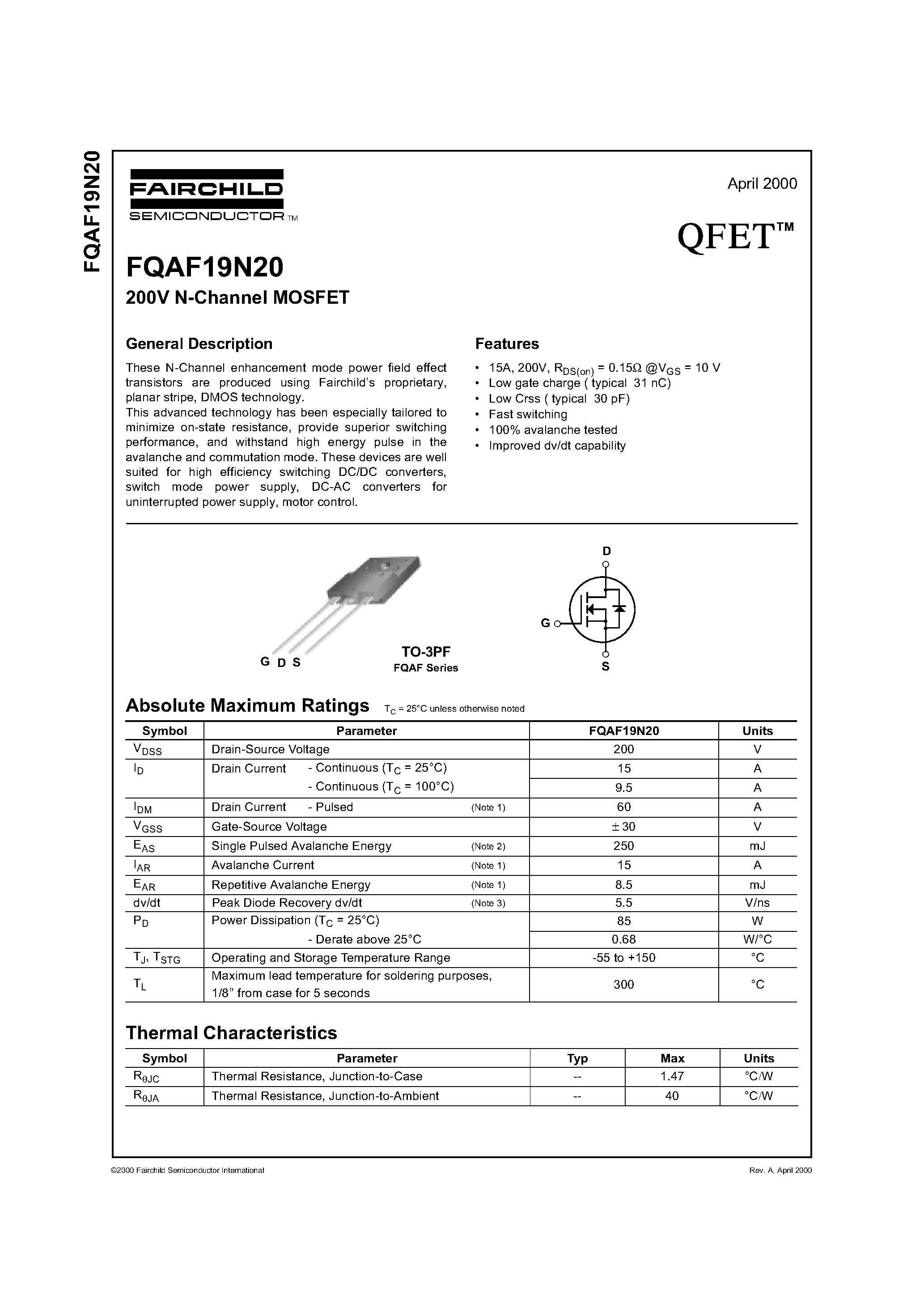 Datasheet FQAF19N20 - 200V N-Channel MOSFET page 1