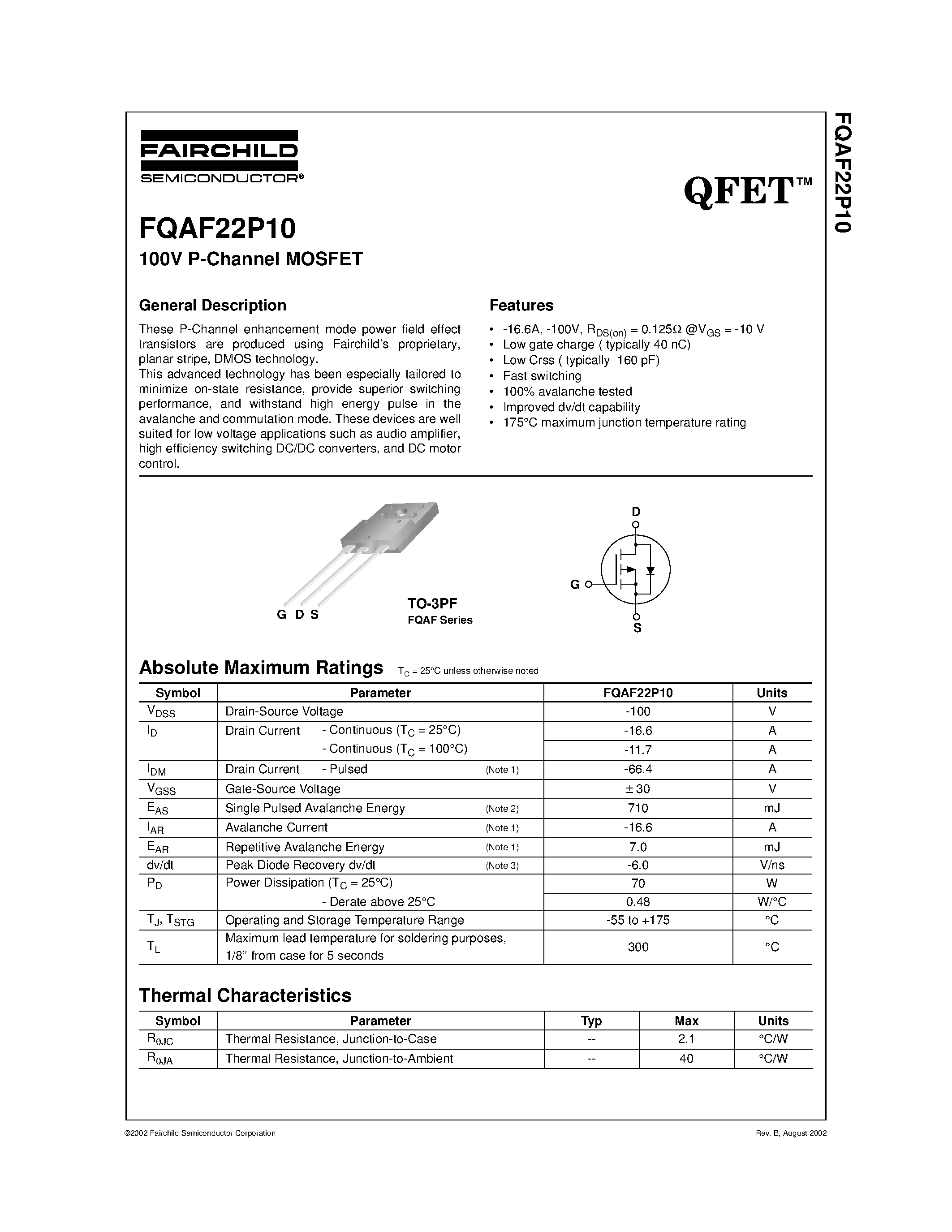 Даташит FQAF22P10 - 100V P-Channel MOSFET страница 1