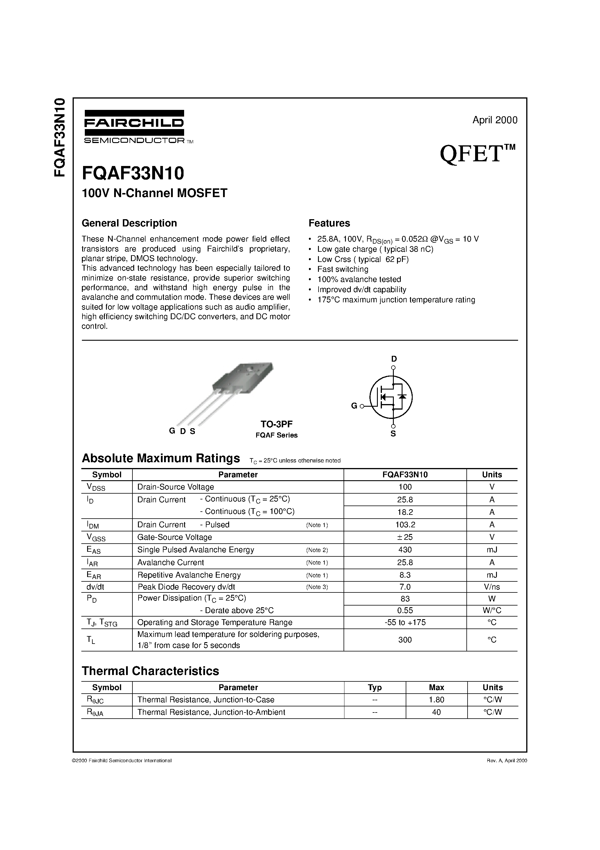 Даташит FQAF33N10 - 100V N-Channel MOSFET страница 1