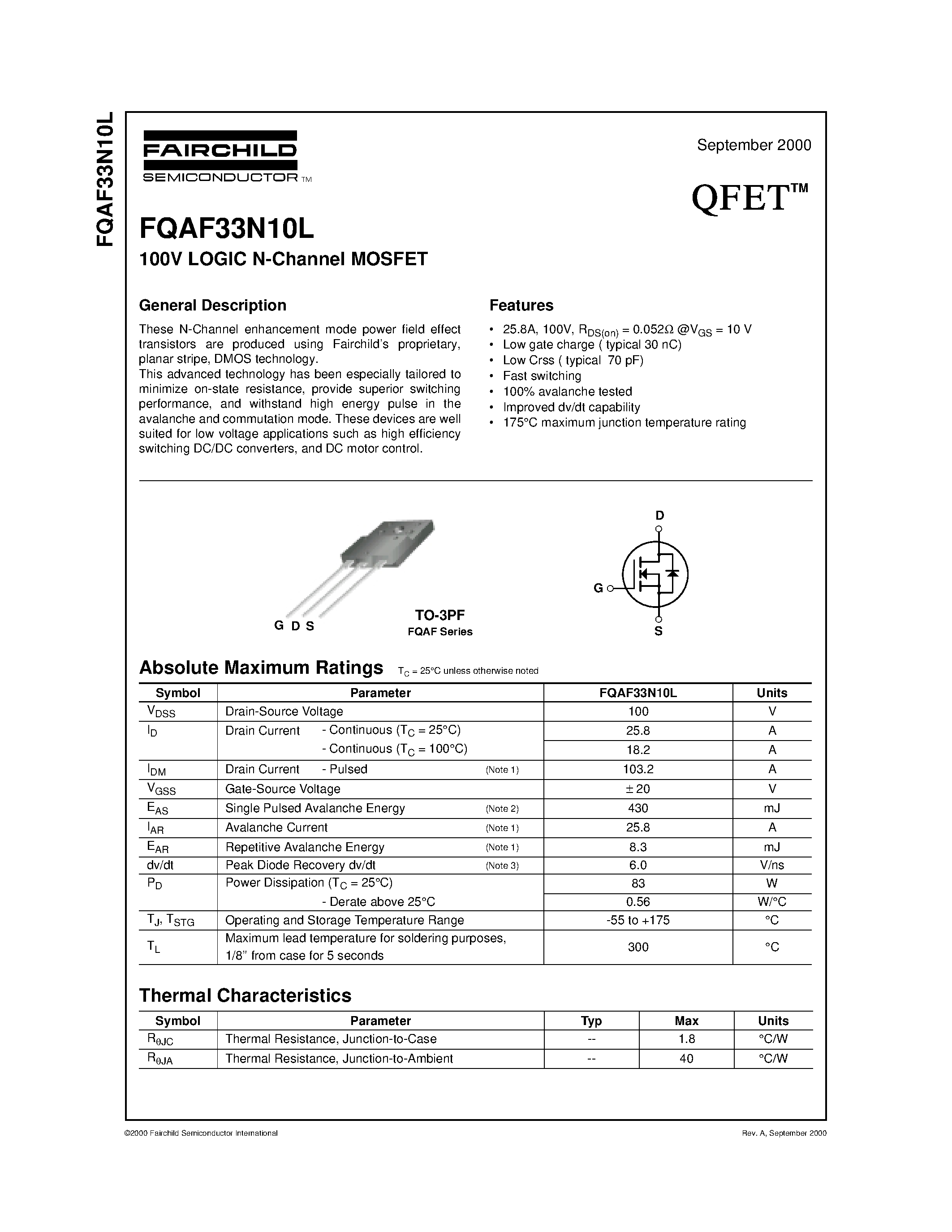 Даташит FQAF33N10L - 100V LOGIC N-Channel MOSFET страница 1